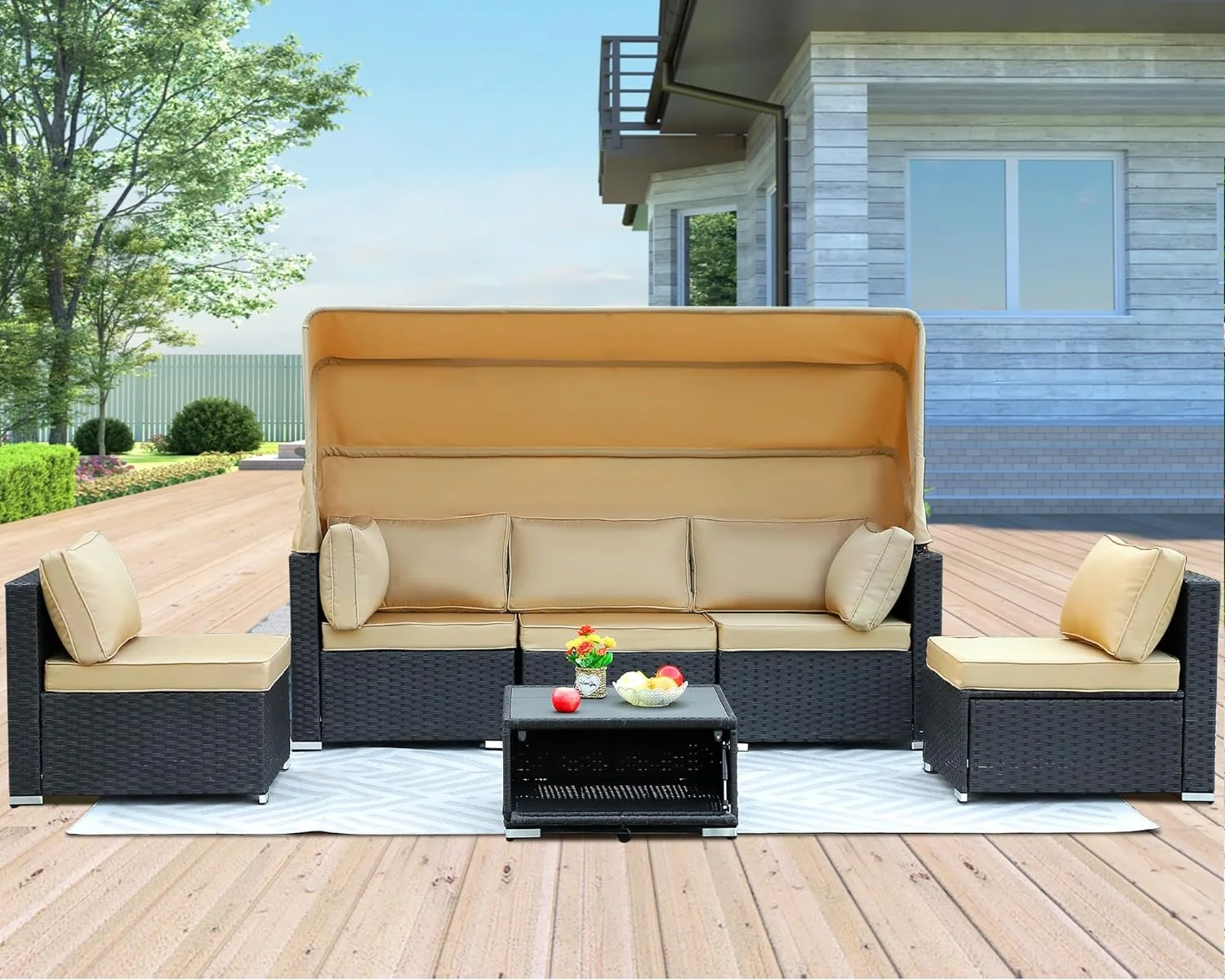 Dina 6 Pieces Patio Furniture Sets PE Wicker Outdoor Patio Couch with Retractable Canopy Patio Modular Rattan Conversation Set Sectional Set w/Storage Box for Backyard  Deck  Poolside  Pa