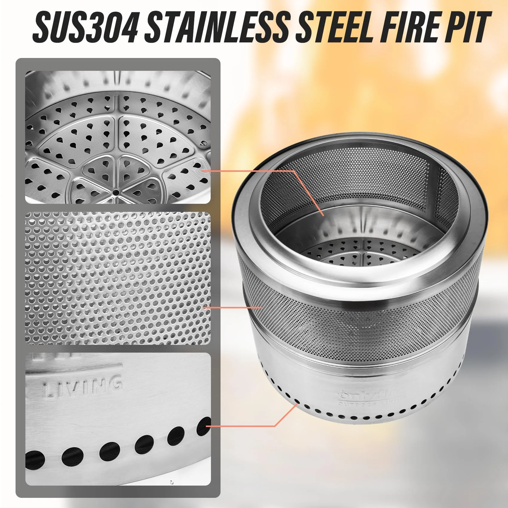 Only Fire 20in Smokeless Fire Pit with Carrying Bag Hollow Style, , 360°Air Flow Design Wood Burning Fireplace, Stainless Steel