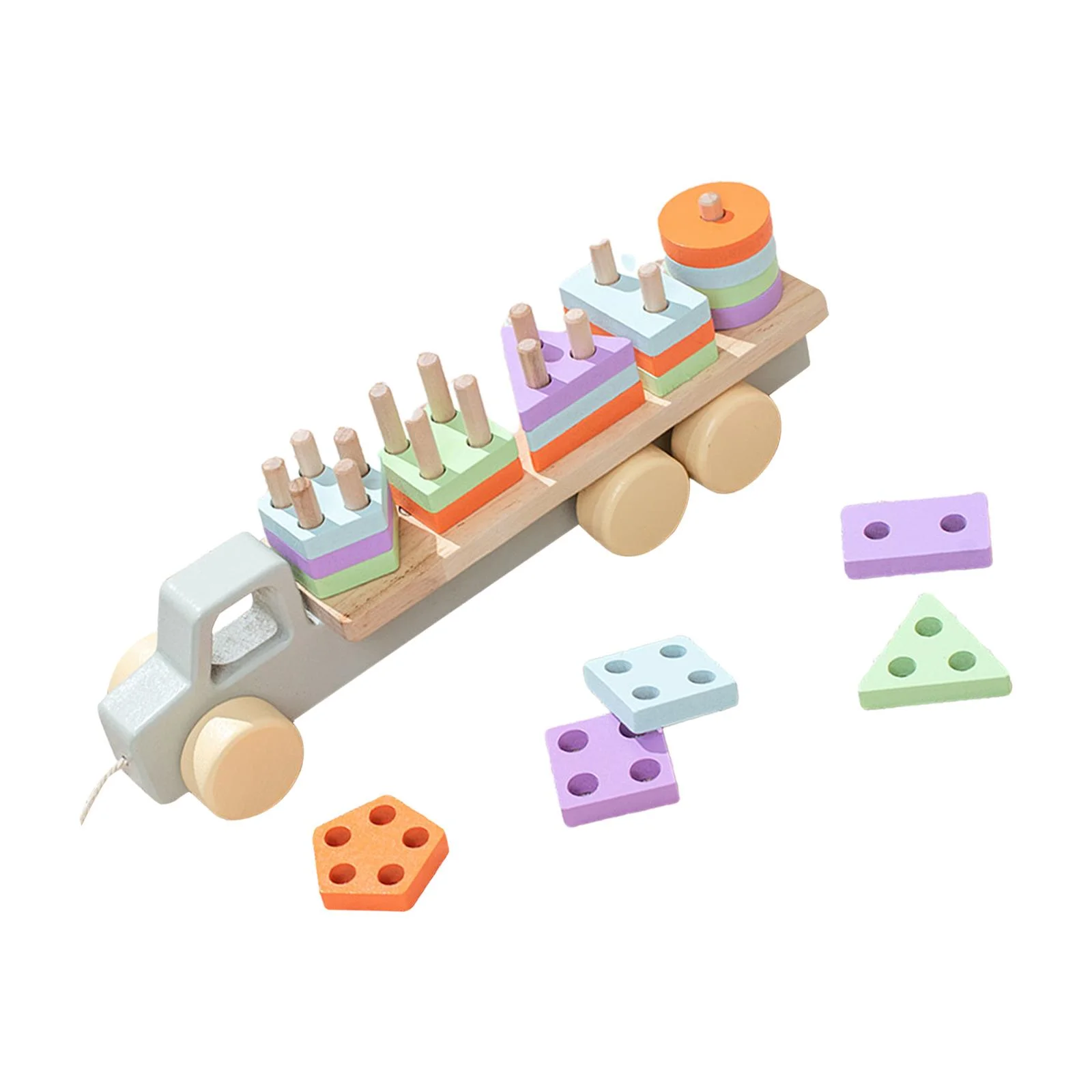 shamjina Montessori Toy Building Set Playing Creative Activities Funny Wooden Trailer Toy Five Pillar Car