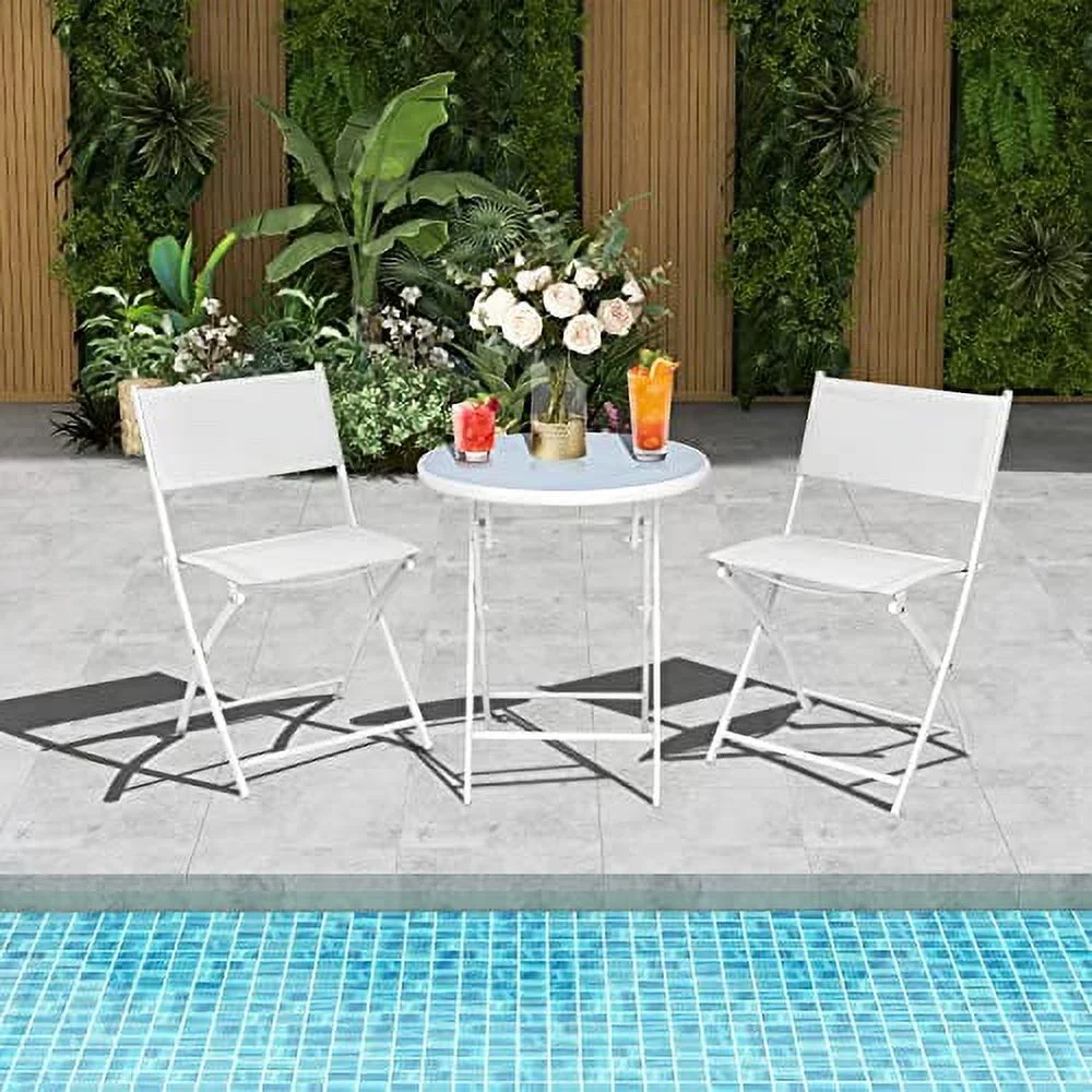 HAPPYGRILL 3 Piece Patio Folding Bistro Set, Outdoor Foldable Chair & Table Set with Breathable Fabric, Tempered Glass Tabletop, Small Conversation Furniture Set for Porch Balcony Poolside Yard
