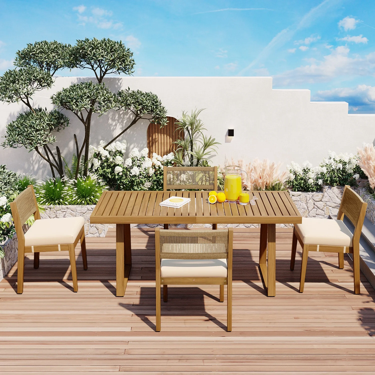 Acacia Wood Multi-person Outdoor Dining Table and Chair Set with Plush Thick Cushions  Ideal for Balcony  Courtyard  and Garden  Modern U-Style Design.