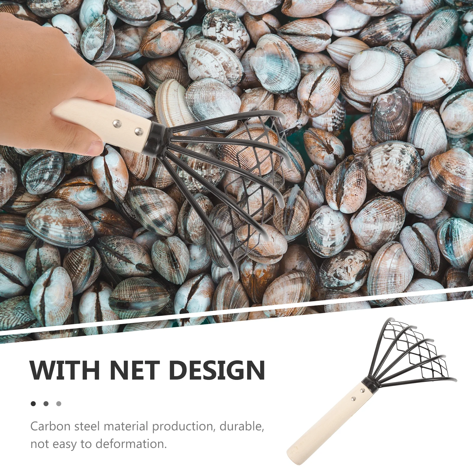 Gongxipen 2pcs Carbon Steel Clam Rake with Net Oyster Shell Digging Tool Rake Tool