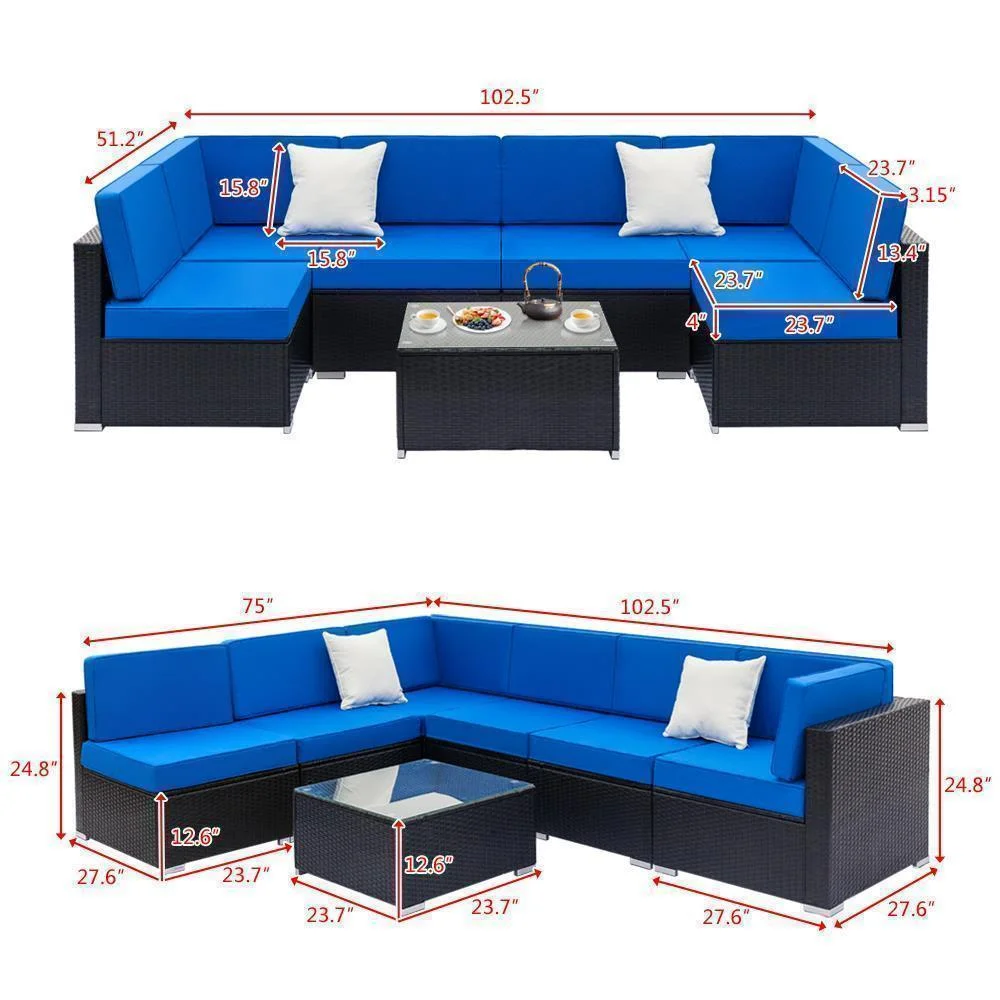 7 Pieces All Weather Patio Rattan Furniture Wicker Royal Blue Cushioned Sofa Set