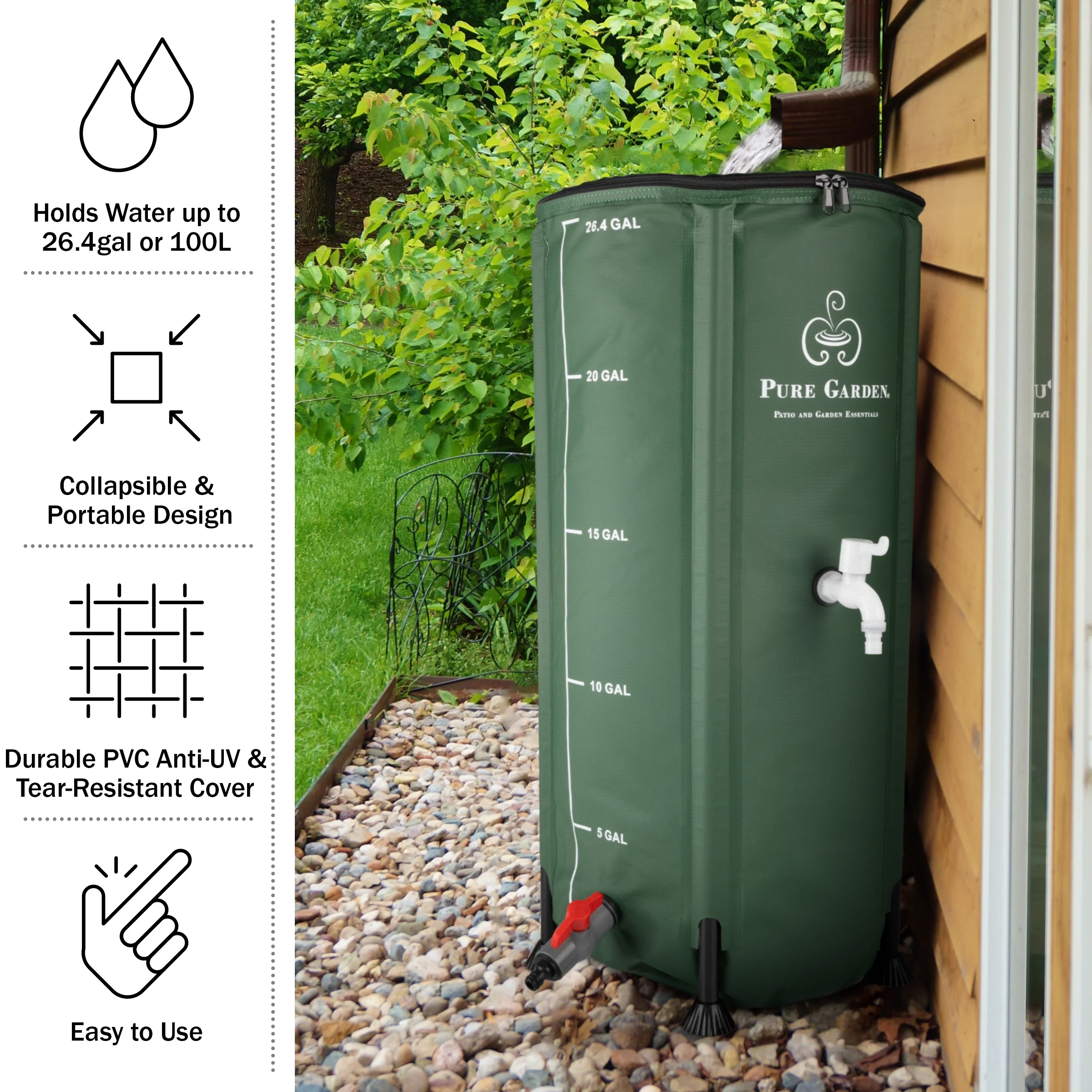 Pure Garden 26.4-Gallon/100-Liter Collapsible PVC Rain Barrel with Water Spigot, Green
