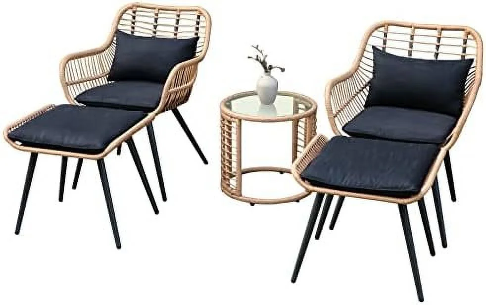 HBLUKDL 5 Piece Outdoor Wicker Conversation Set with Ottomans  Patio   with Rattan Chairs and Round  for Porch  Balcony  Poolside  Yard  Gray Cushion