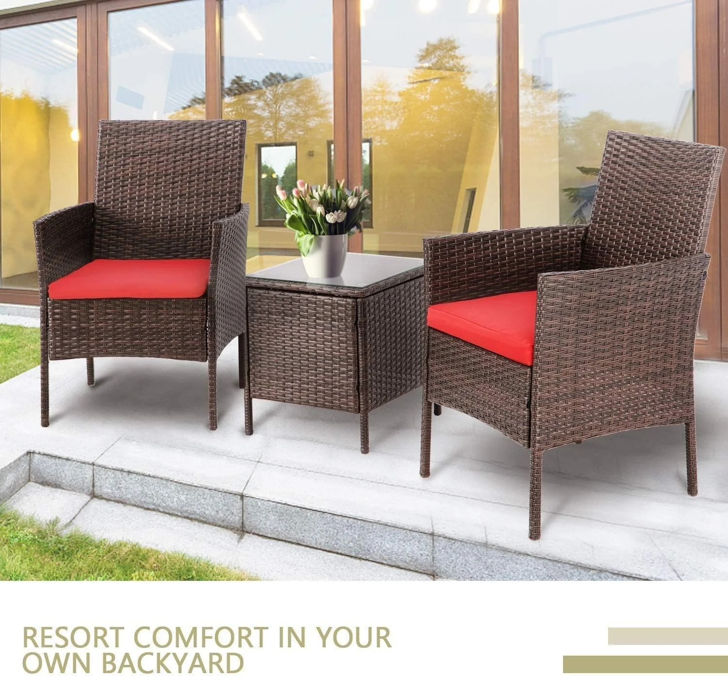 Betterland 3-Piece Patio Bistro Set Outdoor Conversation Set, Brown Wicker Porch Chairs Set Garden Furniture with Coffee Table (Red Cushion)
