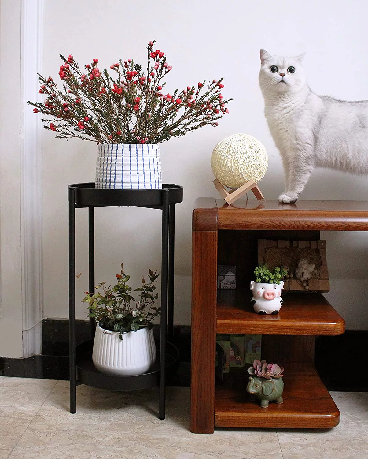 Cotta Planters Metal Plant Stand 2-Tier 23 Inch Tall 12 Inch Wide, Black, No Assemble, Removable Plates, Side Table, Night Stand