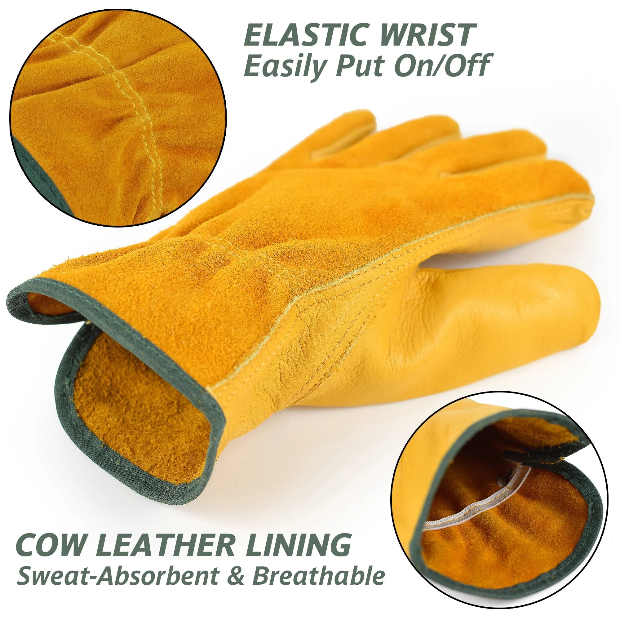 Gardening Gloves with Waterproof Sleeves, Cowhide Leather Work Gloves for Men Women, Gold L