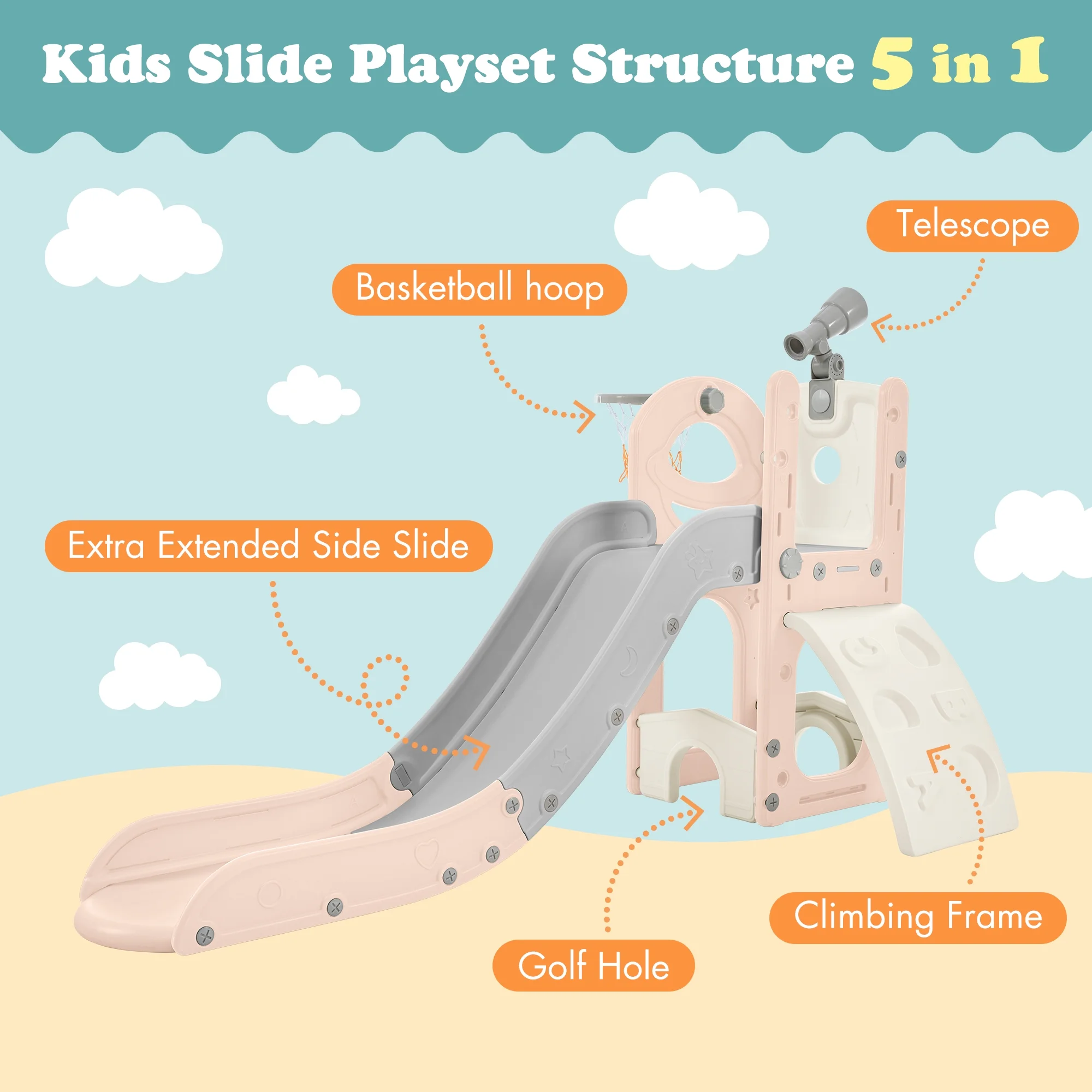Kids Slide Playset Structure 5 in 1, Freestanding Spaceship Set with Slide, Telescope and Basketball Hoop, Golf Holes for Toddlers, Kids Climbers Playground