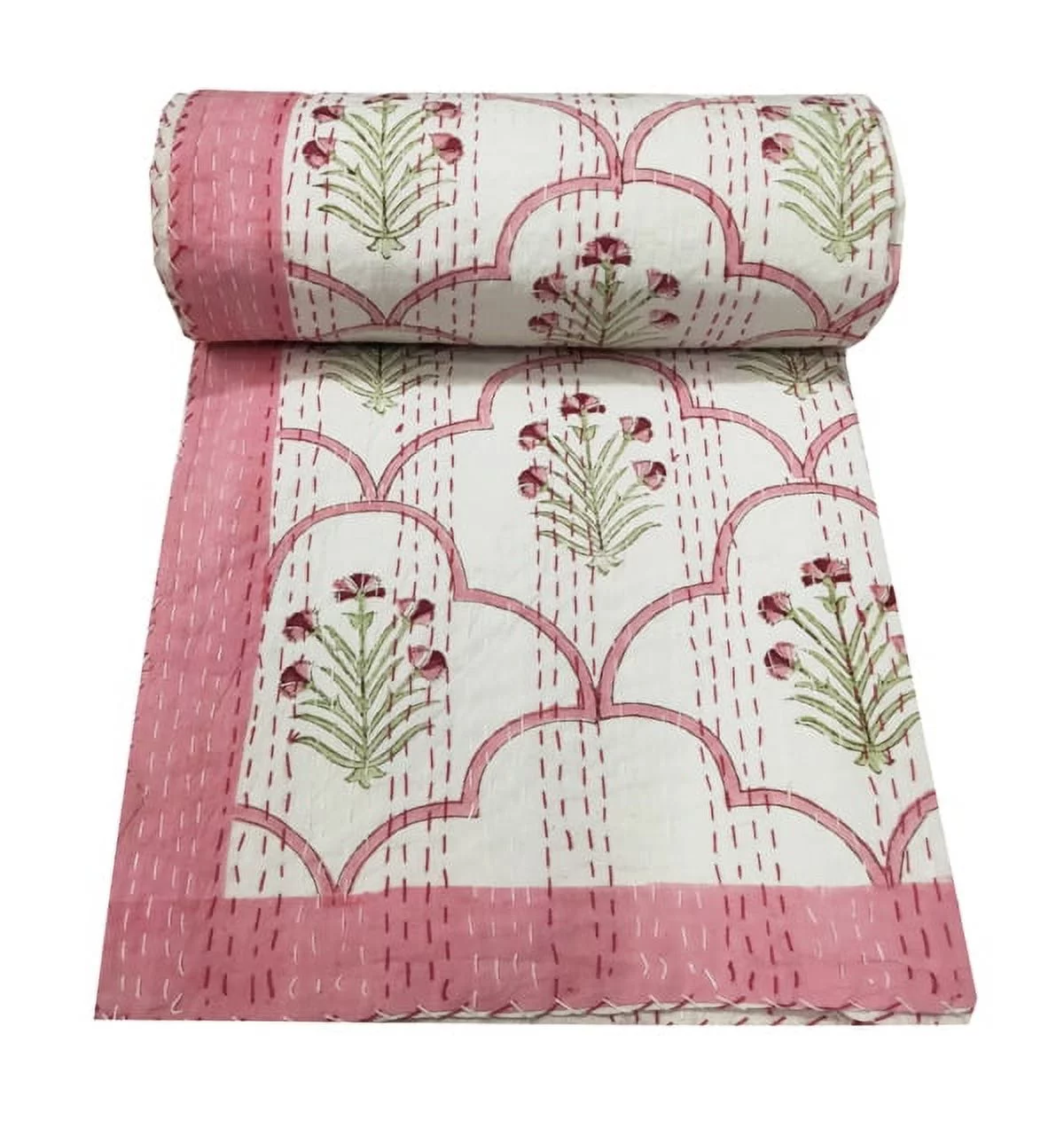Beautiful Hand Block Print Indian Kantha Quilt Queen Size Boho Handmade Kantha Bed Cover Throw Reversible Blanket Bedding Pure Cotton Throw