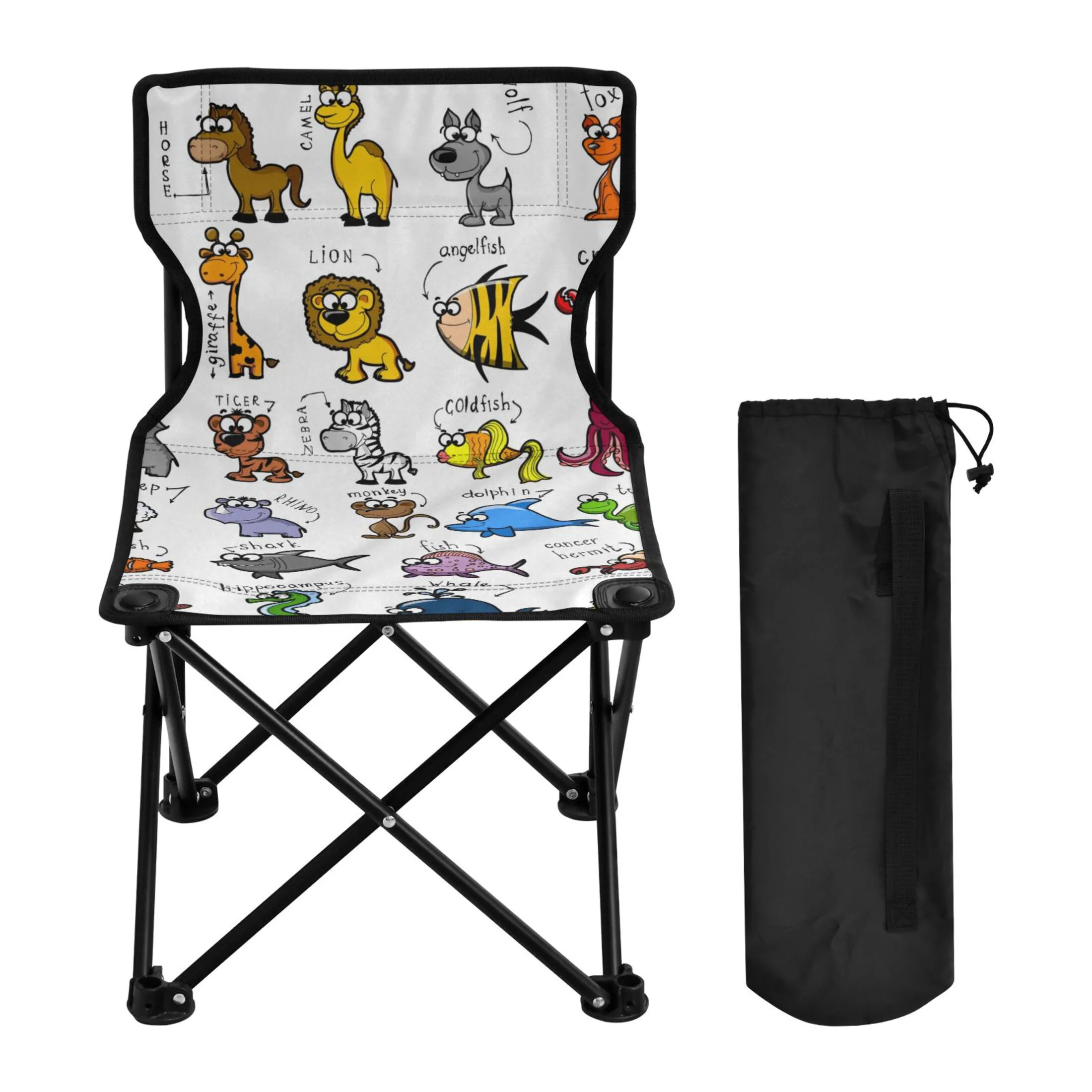 Cartoon Animals Portable Camping Chair Small for Kids Outdoor Folding Beach Chair Fishing Chair Lawn Chair with Carry Bag