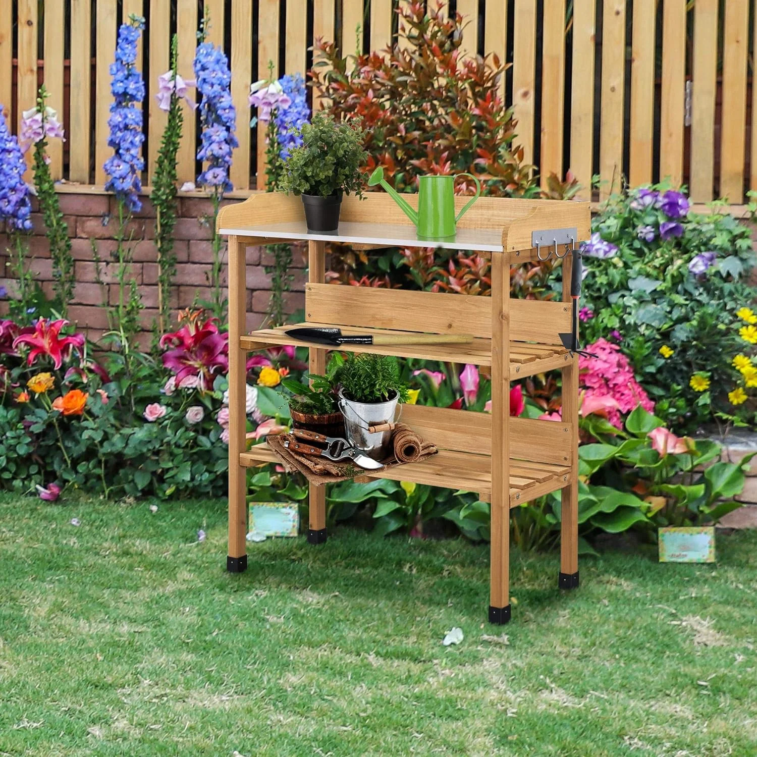 Outdoor Garden Potting Bench Table Wooden Horticulture Planting Worstation w/Metal Tabletop/Storage Shelf/3 Hooks, Natural Wood