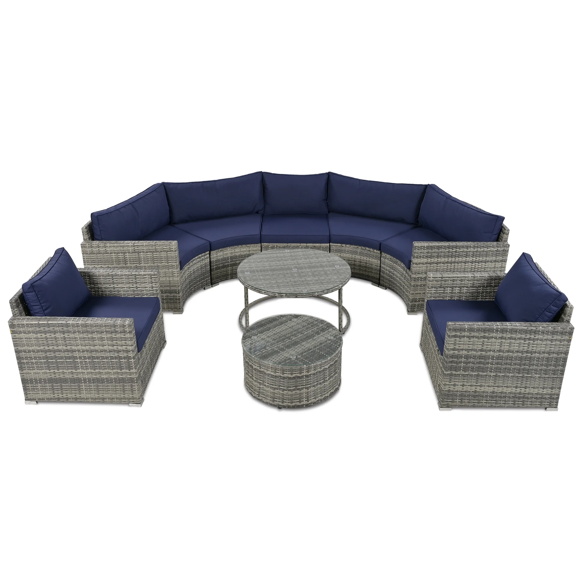 Highsound Patio Conversation Set, 9 Piece Sectional Round Patio Furniture Set with 2 Coffee Tables, Modern Wicker Sofa Set for Backyard Patio Garden, Blue Cushion