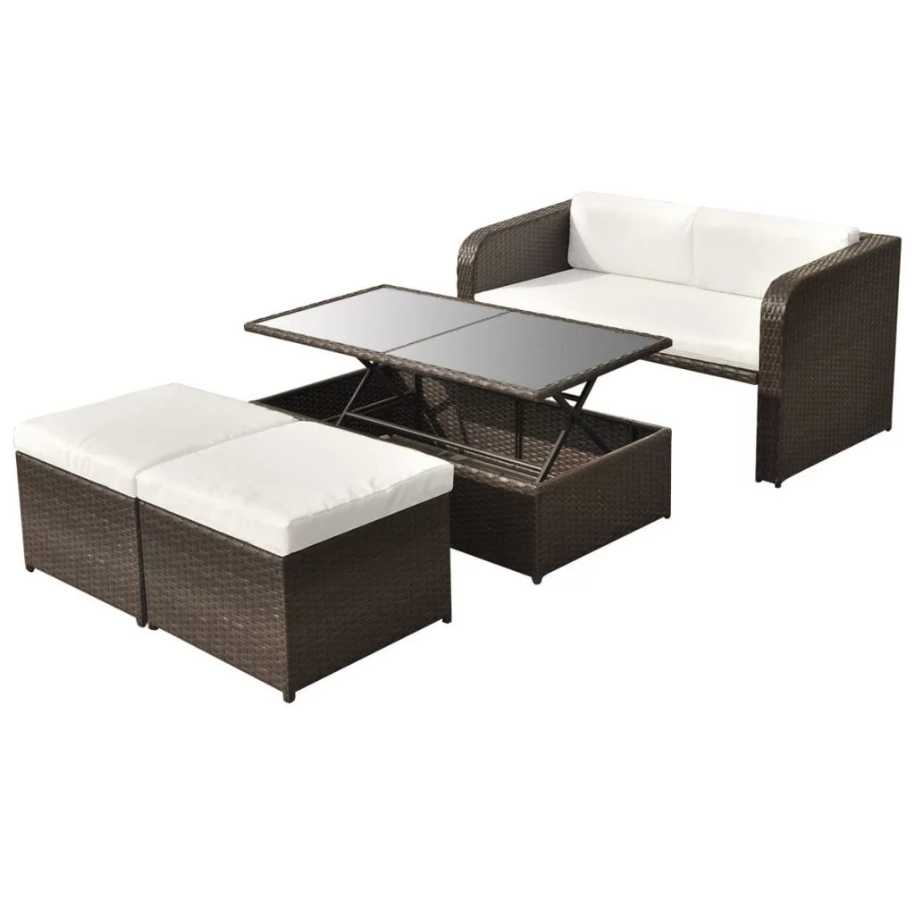 Anself 4 Piece Patio  Set Cream White Cushioned Sofa with Glass Tabletop Coffee Table and 2 Stools Brown Poly Rattan Conversation Set for Patio, Backyard, Patio, Balcony,  Furniture