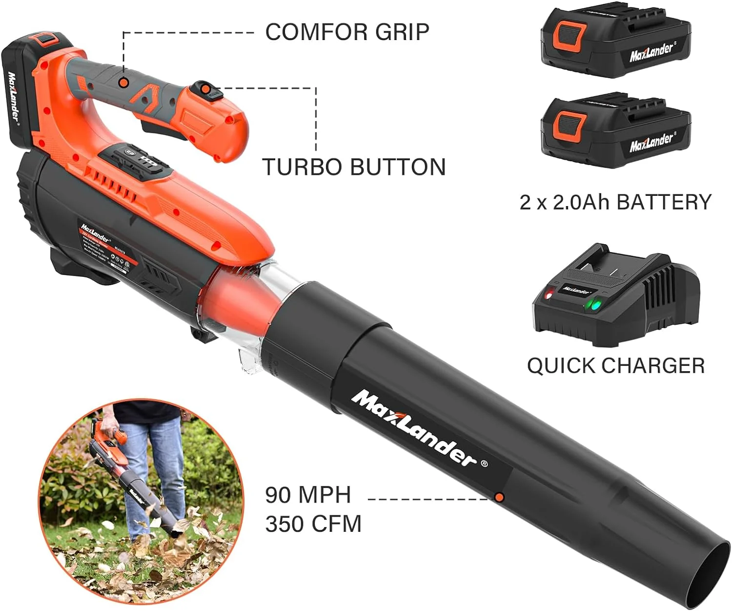Leaf Blower Cordless with Battery and Charger, 350CFM Battery Powered Leaf Blowers for Lawn Care, 2-Speed Mode Electric Leaf Blower for Snow Blowing 2PCS 2.0Ah Batteries Included