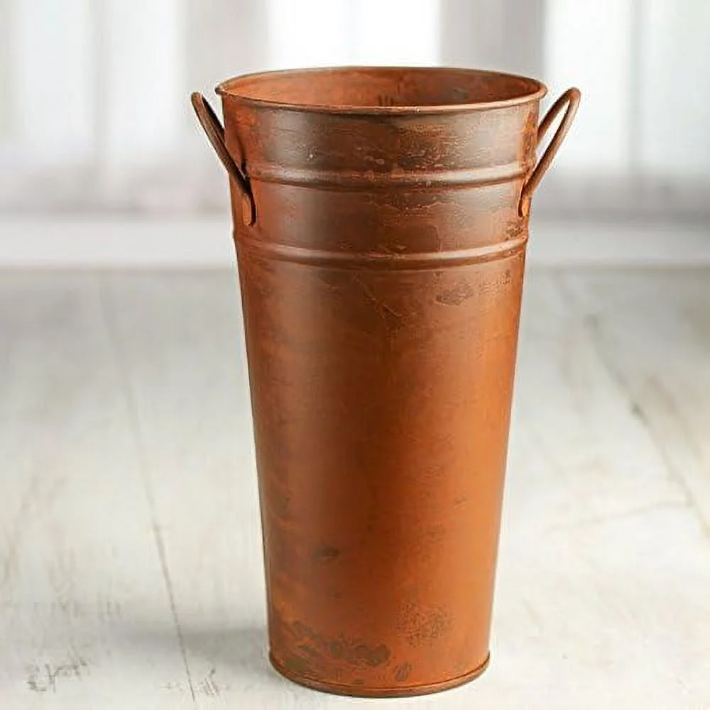 French Metal Planter - Rusted Tin Flower Bucket With Handles For Vase Or Decorations (Size: 9
