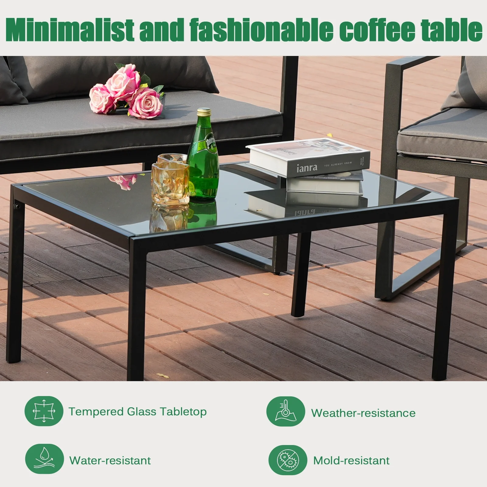 Patio Furniture Set,Metal Outdoor Chairs Set of 4,Garden Porch Balcony Furniture Set,Patio Conversation Furniture Set for Backyard w/Coffee Table, Seat Cushions(Gray Cushions)