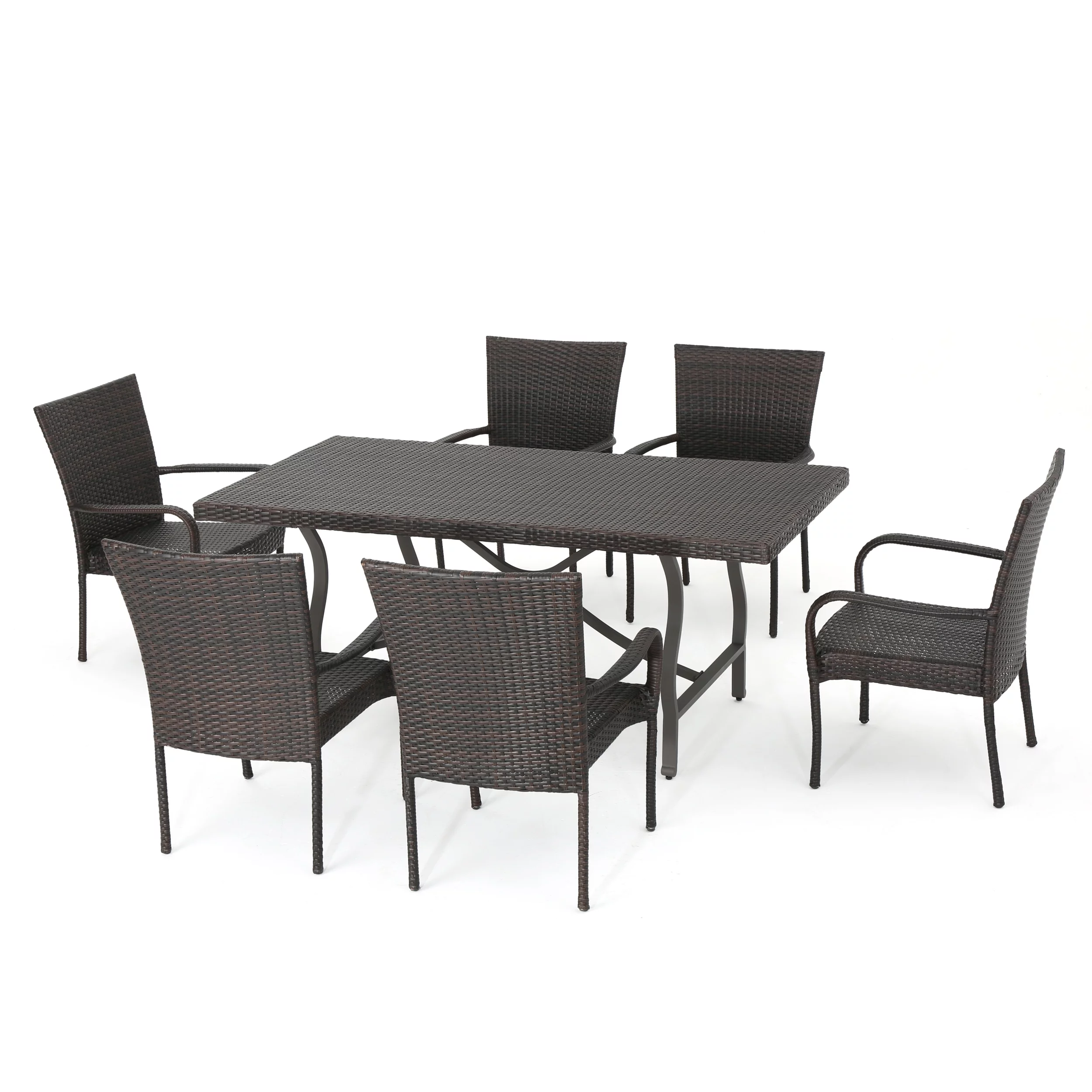 Watson Outdoor 7 Piece Rectangular Wicker Dining Set, Multibrown