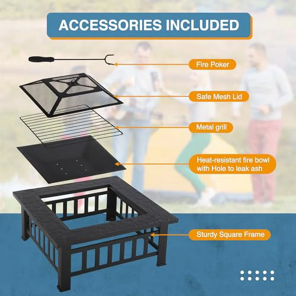 Fire Pit Table Square Metal Firepit Stove Backyard Patio Garden Stove Fireplace Mesh Cover Poker for Camping, Outdoor Heating, Bonfire and Picnic,32in