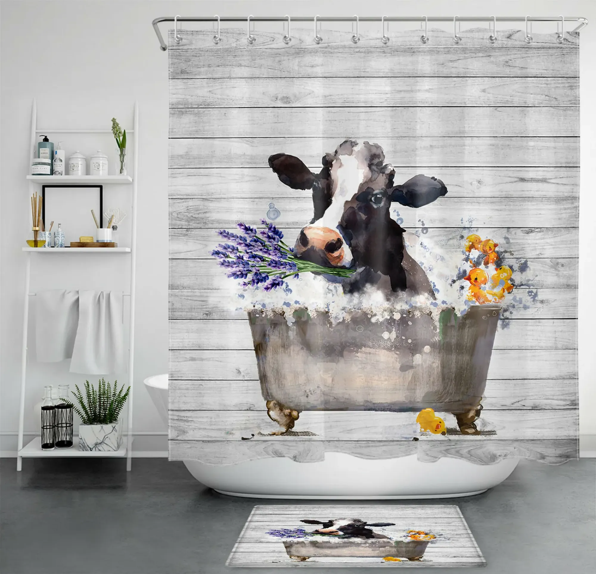 Rustic Charm Bath Set: Cow Duck Lavender Shower Curtain with Floral Planks - Complete Your Bathroom Decor!