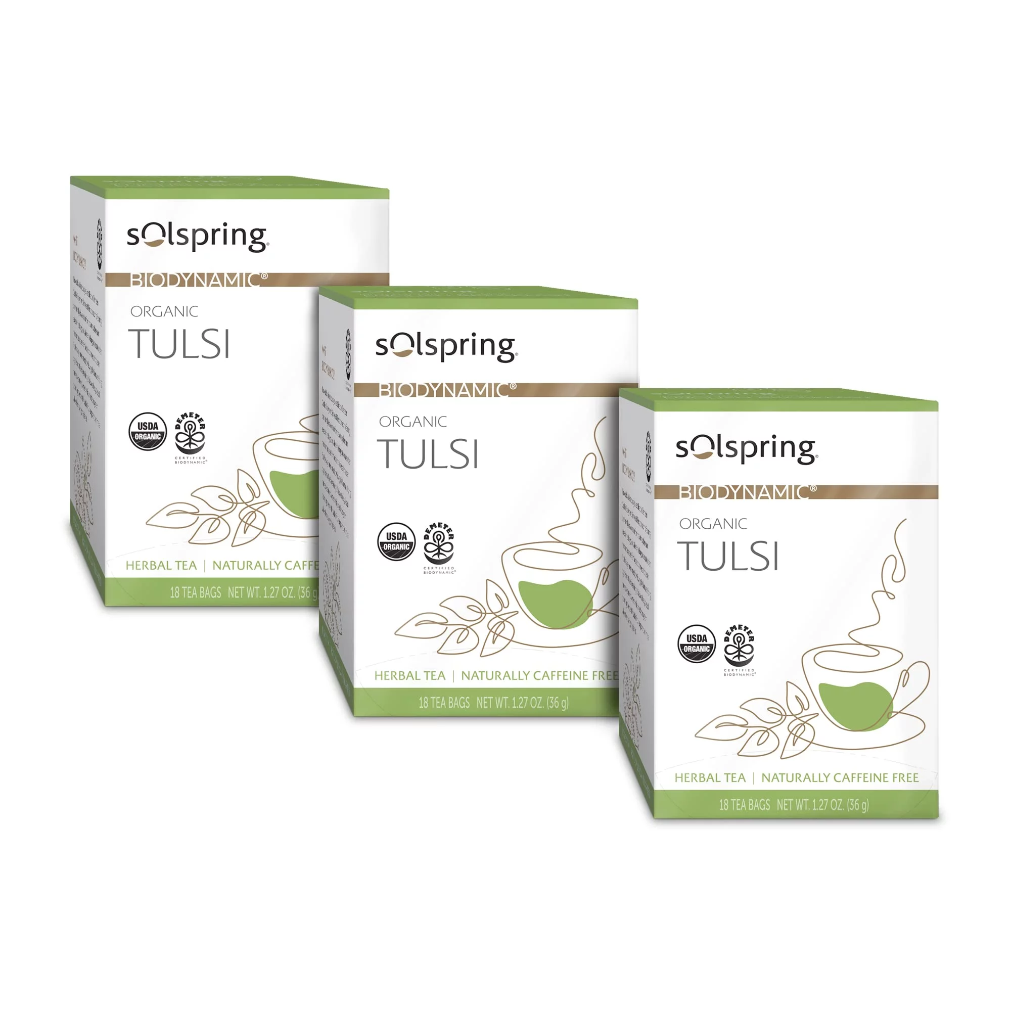 Dr. Mercola Solspring Organic Tulsi Herbal Tea, 18 Tea Bags (Pack Of 3) Naturally Caffeine Free, Usda Organic, Organic Demeter Certified
