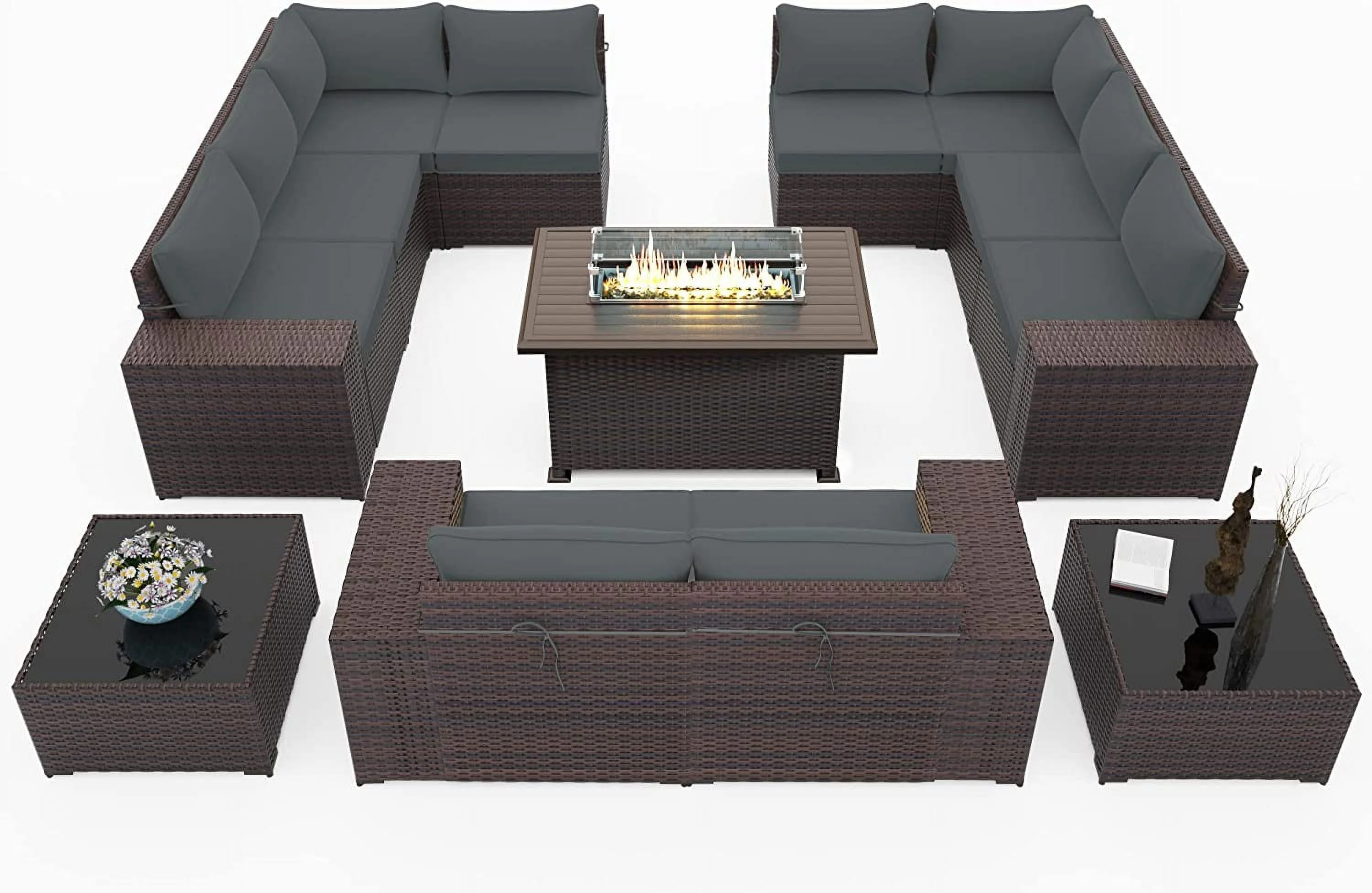 Outdoor Patio Furniture Set  14 Pieces Outdoor Furniture All Weather Patio Sectional Sofa PE Wicker Modular Conversation Sets with Coffee Table 12 Chairs & Seat Clips(Sand)