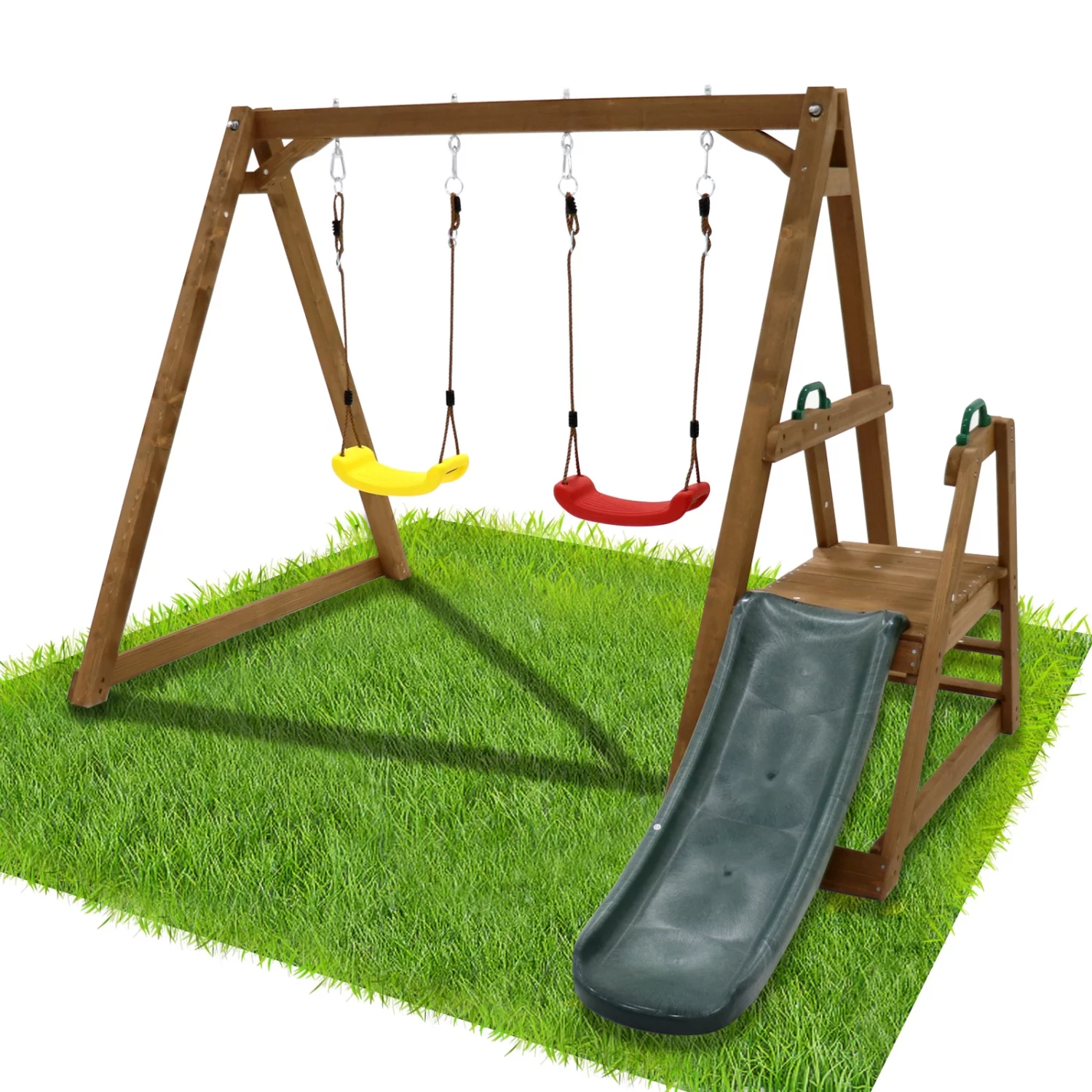 Wood Swing Set for Backyard  2 in 1 Outdoor Swing Set with Slide  Climbing Rope Ladder Kids Backyard Playset