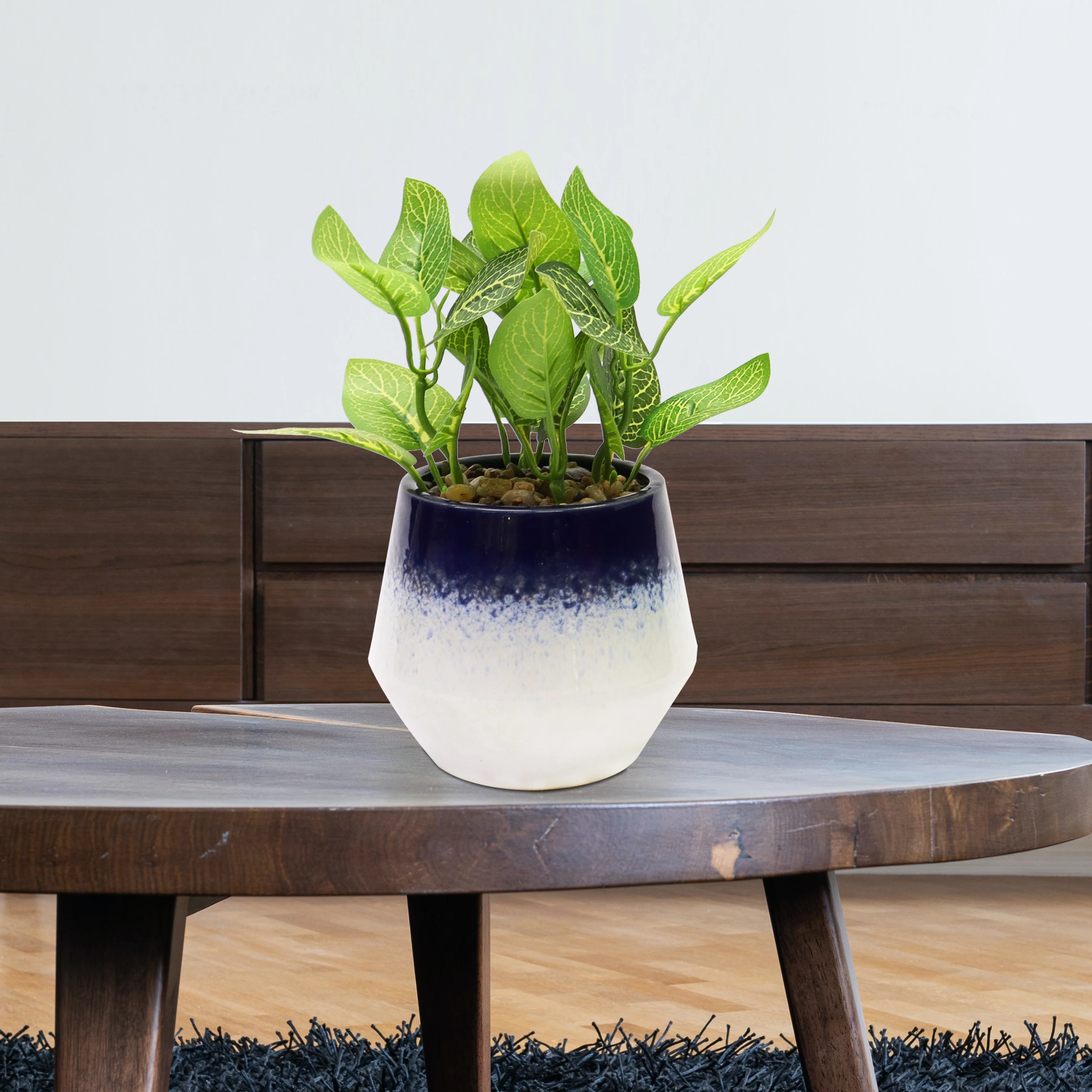 Nature's Mark 8.7’’H Artificial Pinstripe Plant in Blue and White Shaped Ceramic Pot