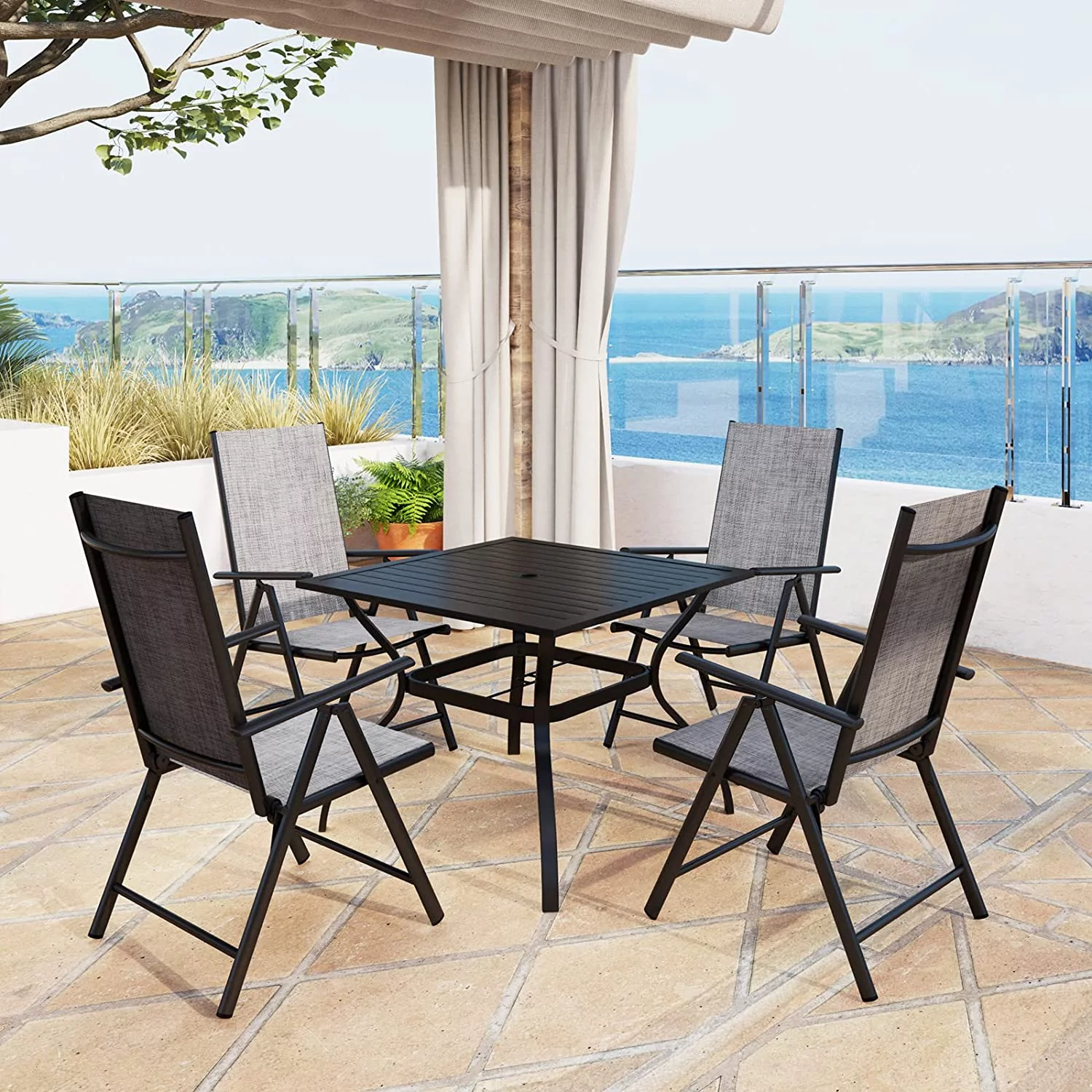 Outdoor Dining Set for 6  Aluminum Height Adjustable Folding Chair and Heavy-Duty Black Slat Metal Table  Patio Furniture Dining Table Set  Black