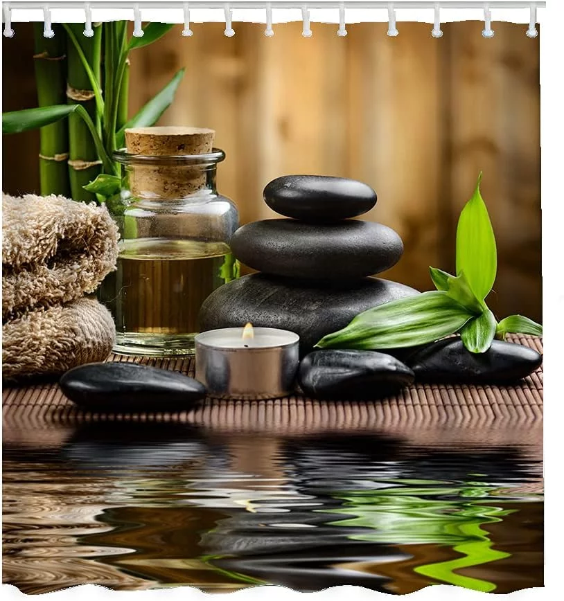 SPXUBZ Zen Shower Curtain Basalt Stones Spa Oil Wood Green Bamboo Black Pebble Bathroom Curtains, Machine Washable, Water-Repellent, 72 by 72 inches