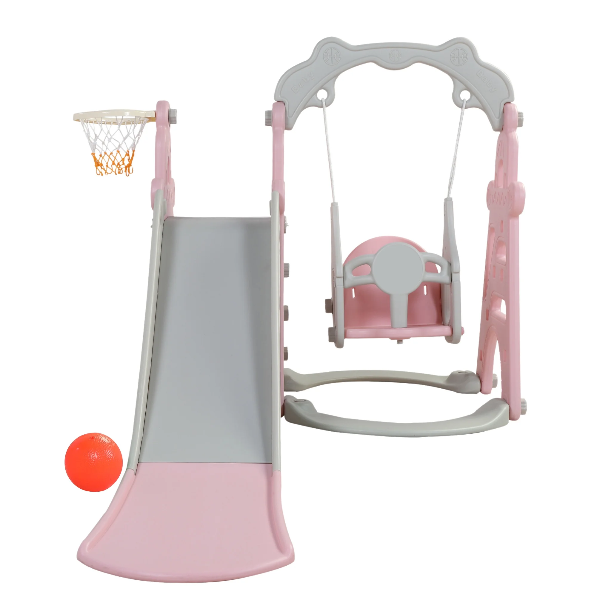 Toddler Swing and Slide Play Set, 3 In 1 Kid Toddler Outdoor Playset, Kids Play Climber Slide Playset with Basketball Hoop, Toddler Swing Set Outdoor Toys for Indoor Backyard, Pink+Gray