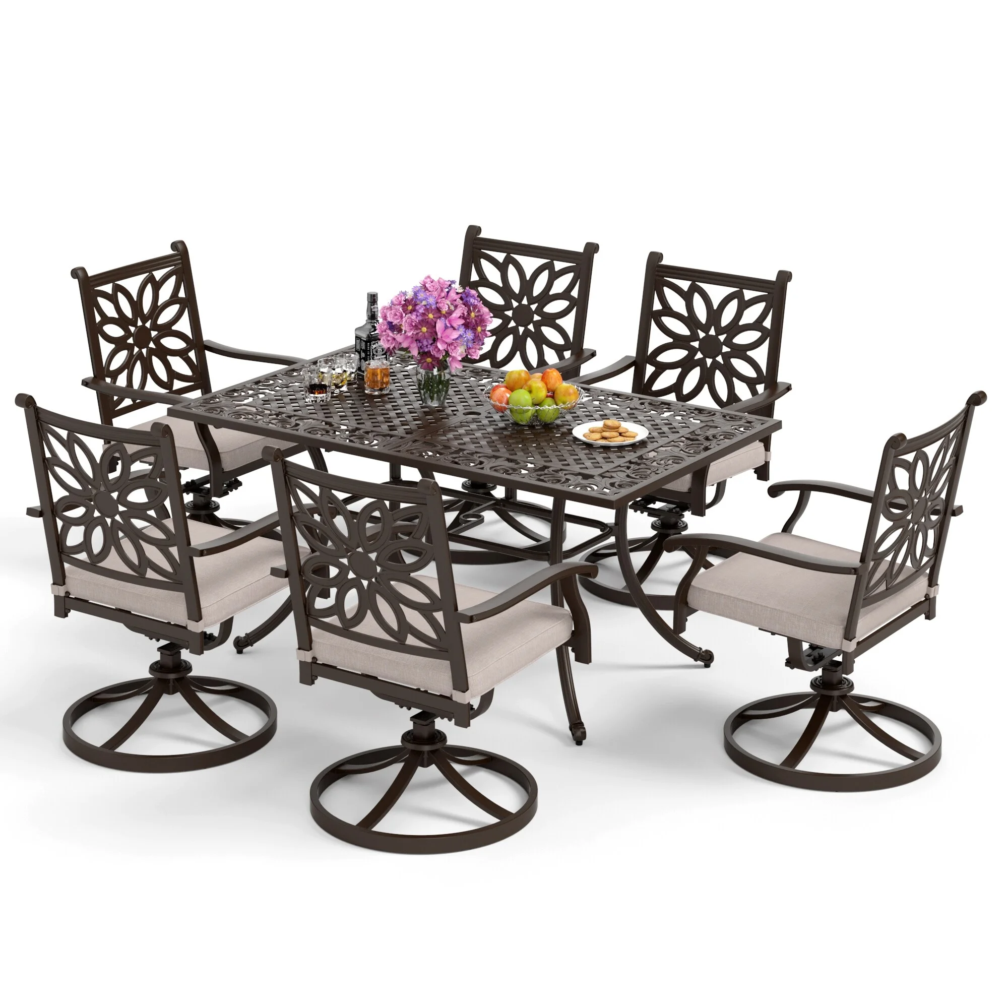 7-Piece Cast Aluminum Patio Dining Set with Rectangle Dining Table & 6 Cast Aluminum Patio Chairs Swivel Chairs