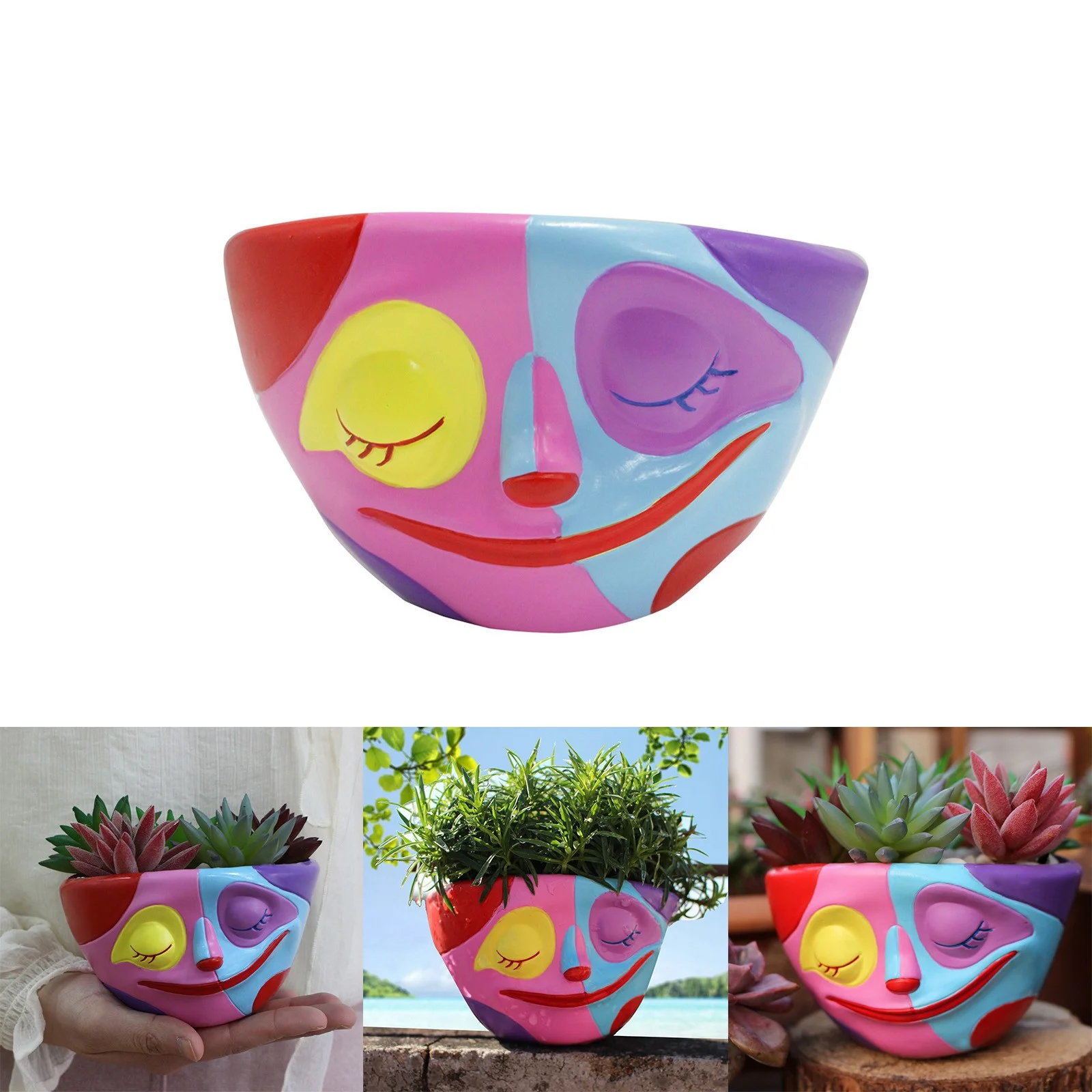 Potted Succulents Artificial Set Colorful Abstract Face Flowerpot Creativity Colorful Resin Artwork Planter Pot For Indoor Outdoor Gift IdeaI For Family Friend With Hole Boy Birthday Gift
