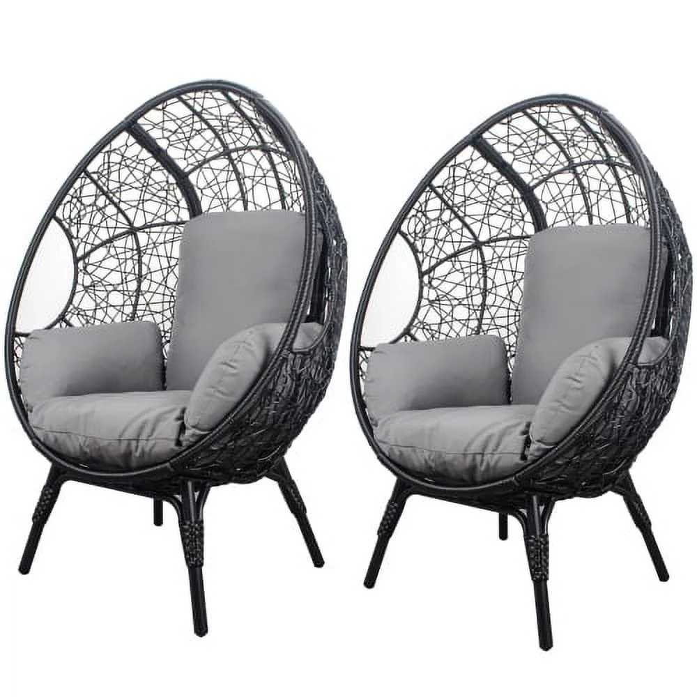Buumin 2 Pieces Patio PE Wicker Egg Chairs Model 3 with Black Color Rattan Grey Cushion