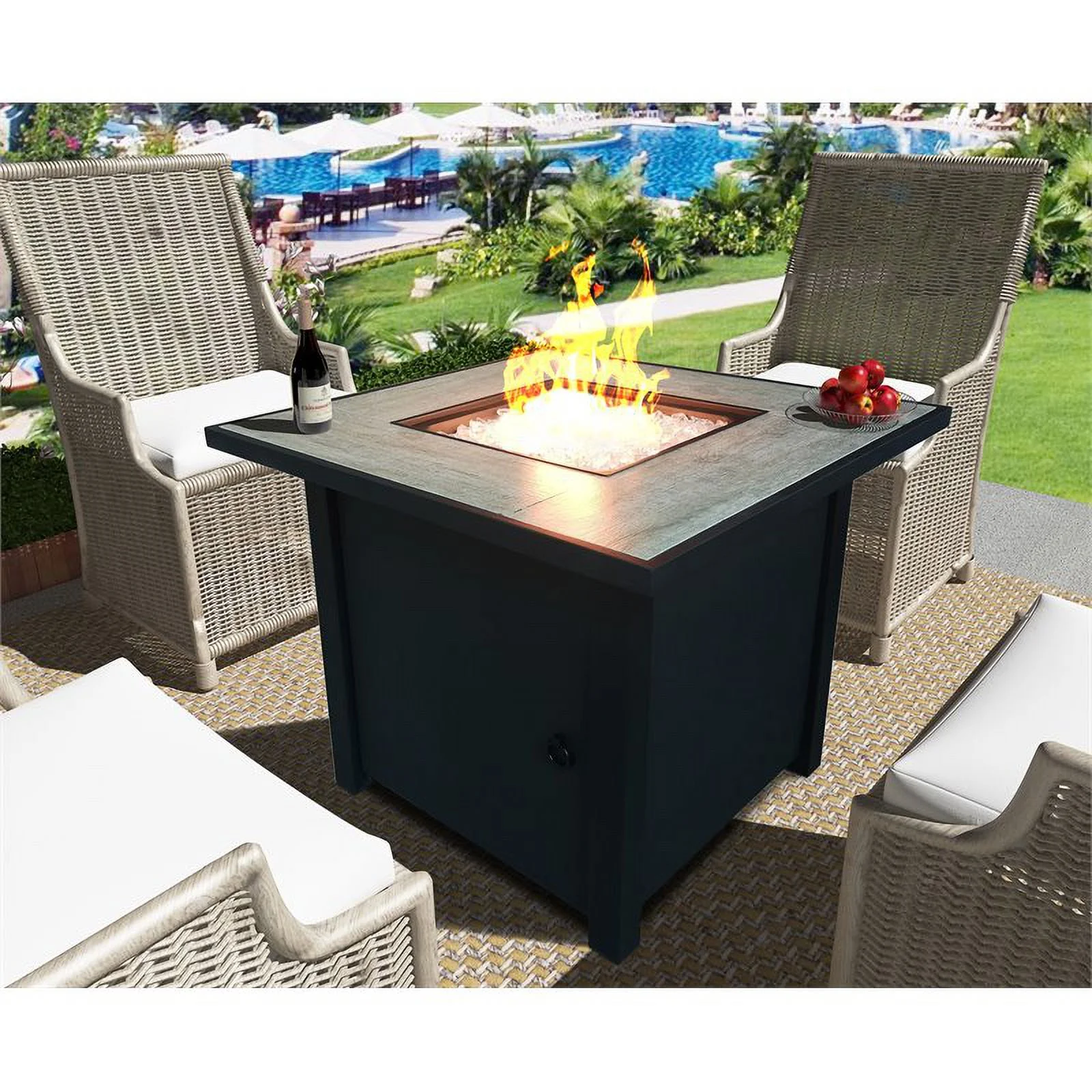 Belmont Home Bantana Square Metal and Tile Fire Pit with Glass Rocks in Black