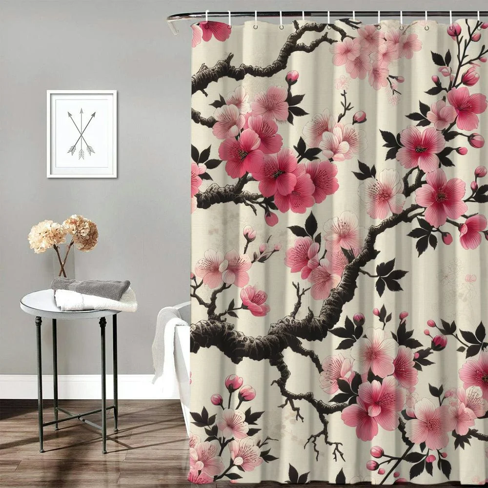 Erxjss  Cherry Blossom Plum Asian Shower Curtain Japanese Weeping Flower Sakura Pink Floral Watercolor Cute Branch Ink Plant  Nature Scenery Waterproof Polyester Fabric Bathroom Bathtub White