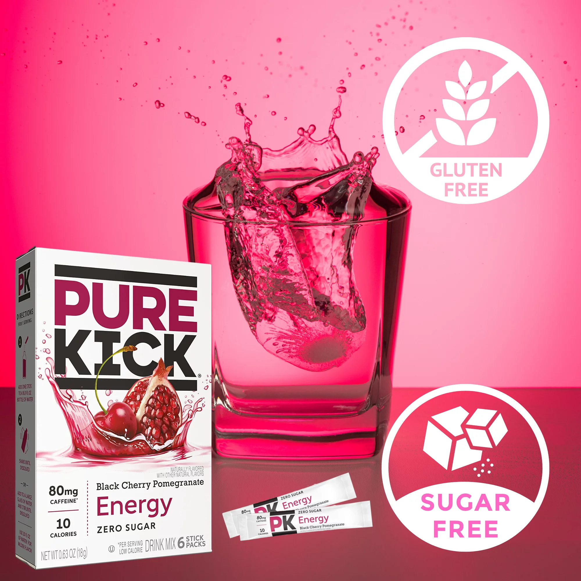 Pure Kick Black Cherry Pomegranate Singles Zero Sugar Energy Drink Mix, Caffeine Electrolytes Gluten Free Water Enhancer, 6 packets per box (18 packets total)