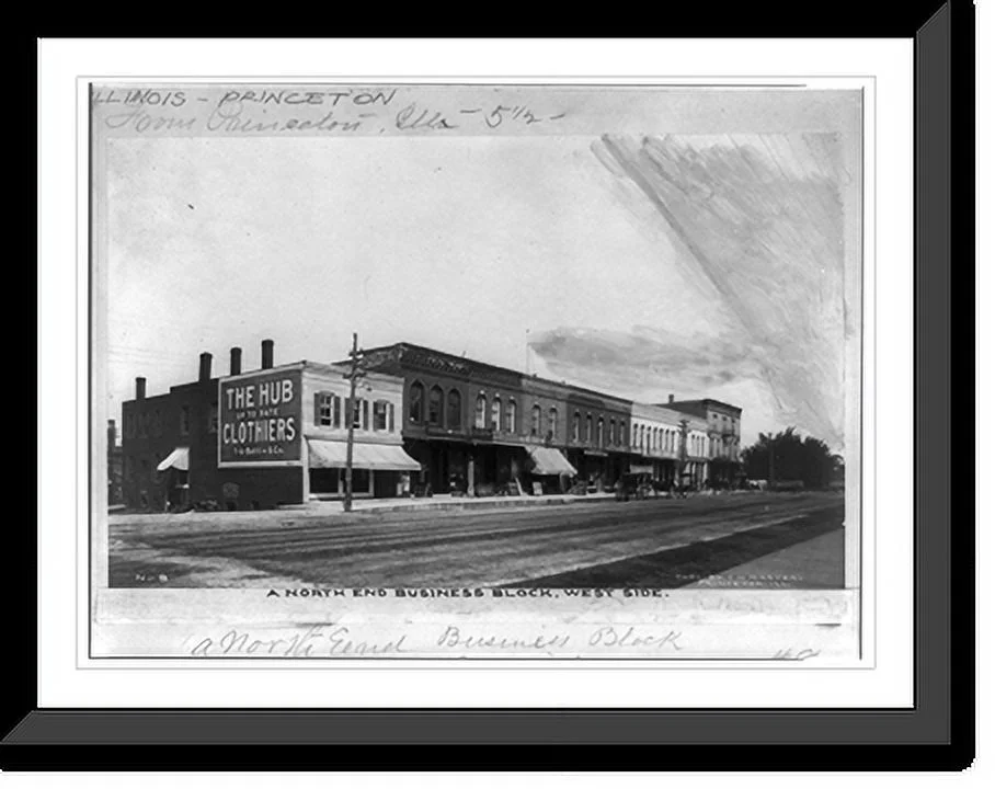 Historic Framed Print, A north end business block, west side, Princeton, Illinois, 17-7/8