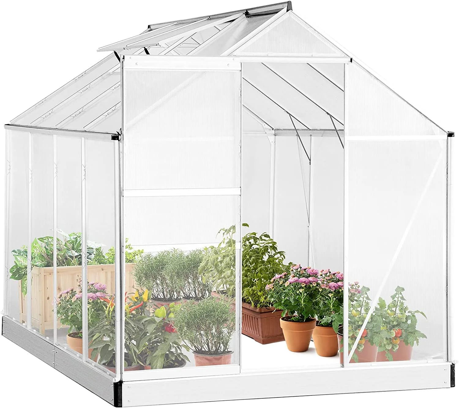 Green Adjustable Aluminum Sliding Door Outdoor Greenhouse Kit with Rain Gutter for Winter - Silver Polycarbonate Walk-in Garden Greenhouse in Size 8.3‘ x 6.3‘ x 6.8‘ for All-Season Garden