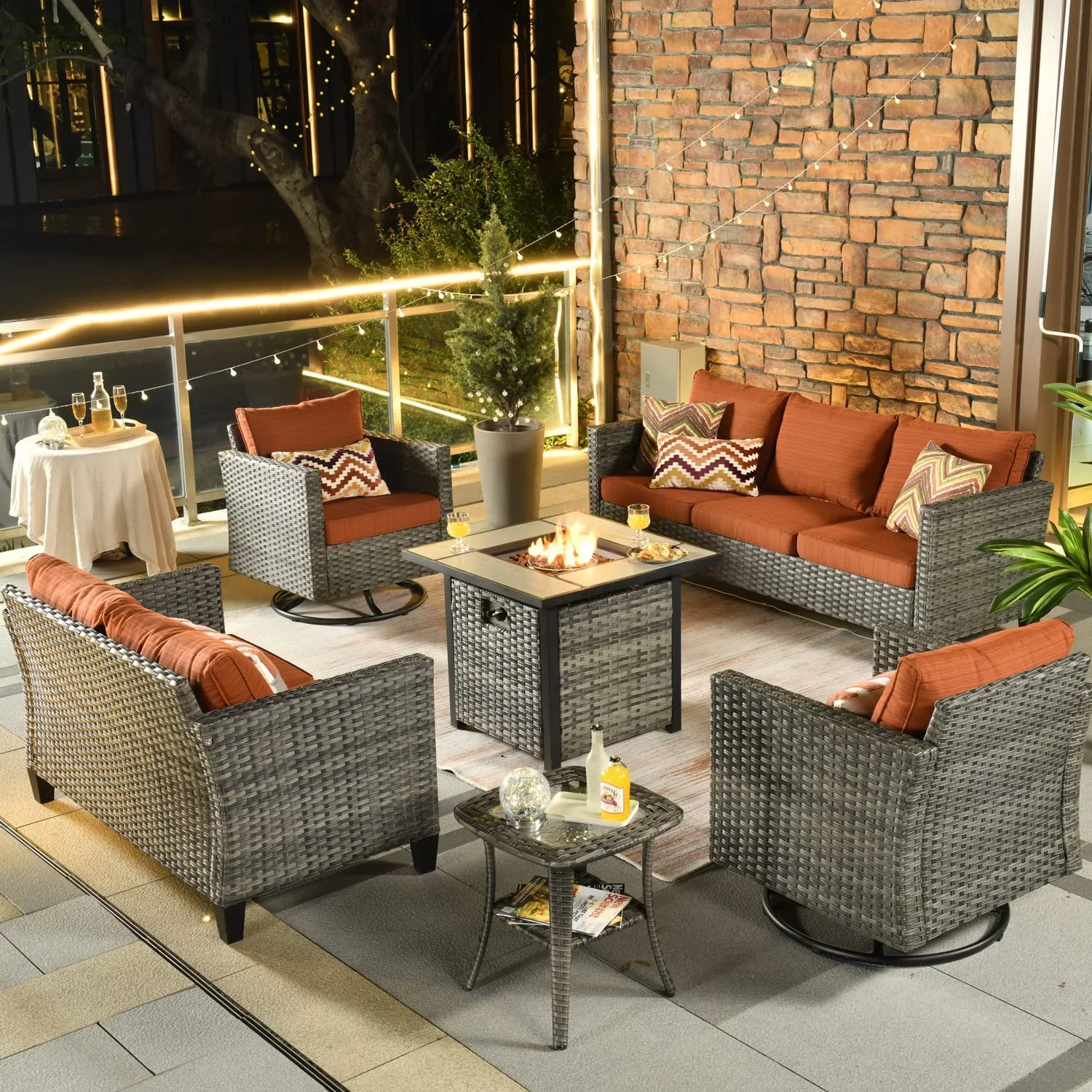 HOOOWOOO Patio Outdoor Conversation Set with Fire Pit Table 6 Pieces Outside  Sofa Set with PE Wicker Swivel Rocking Chairs Gas Fire Pit Table and Coffee Table Beige