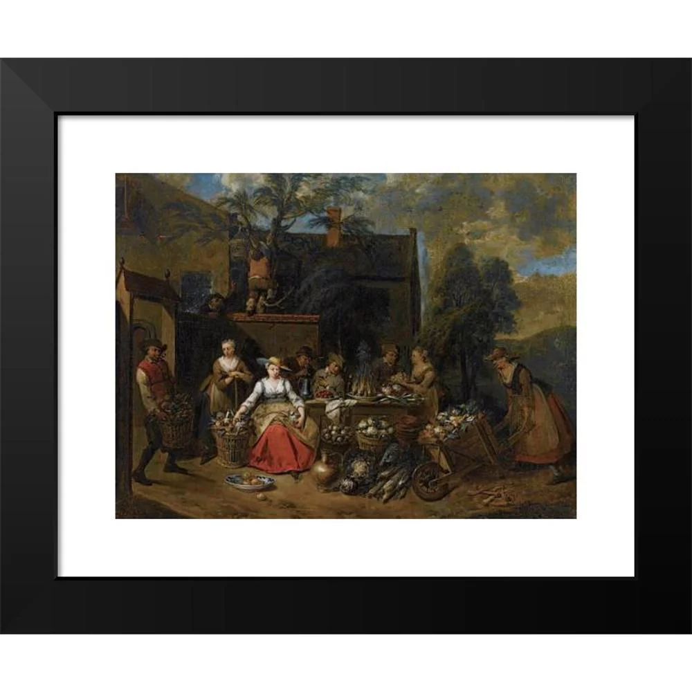 Jan Baptist Lambrechts 14x11 Black Modern Framed Museum Art Print Titled - An Elegant Company in a Landscape Amongst Different Fruits and Vegetables, a Woman with a Wheelbarrow Entering from