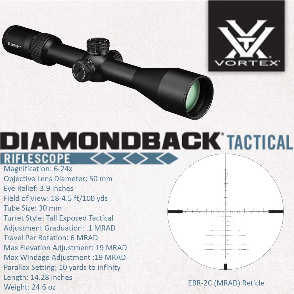Vortex Optics Diamondback 6-24x 50 FFP EBR-2C MRAD Riflescope and Med Rings and Hat