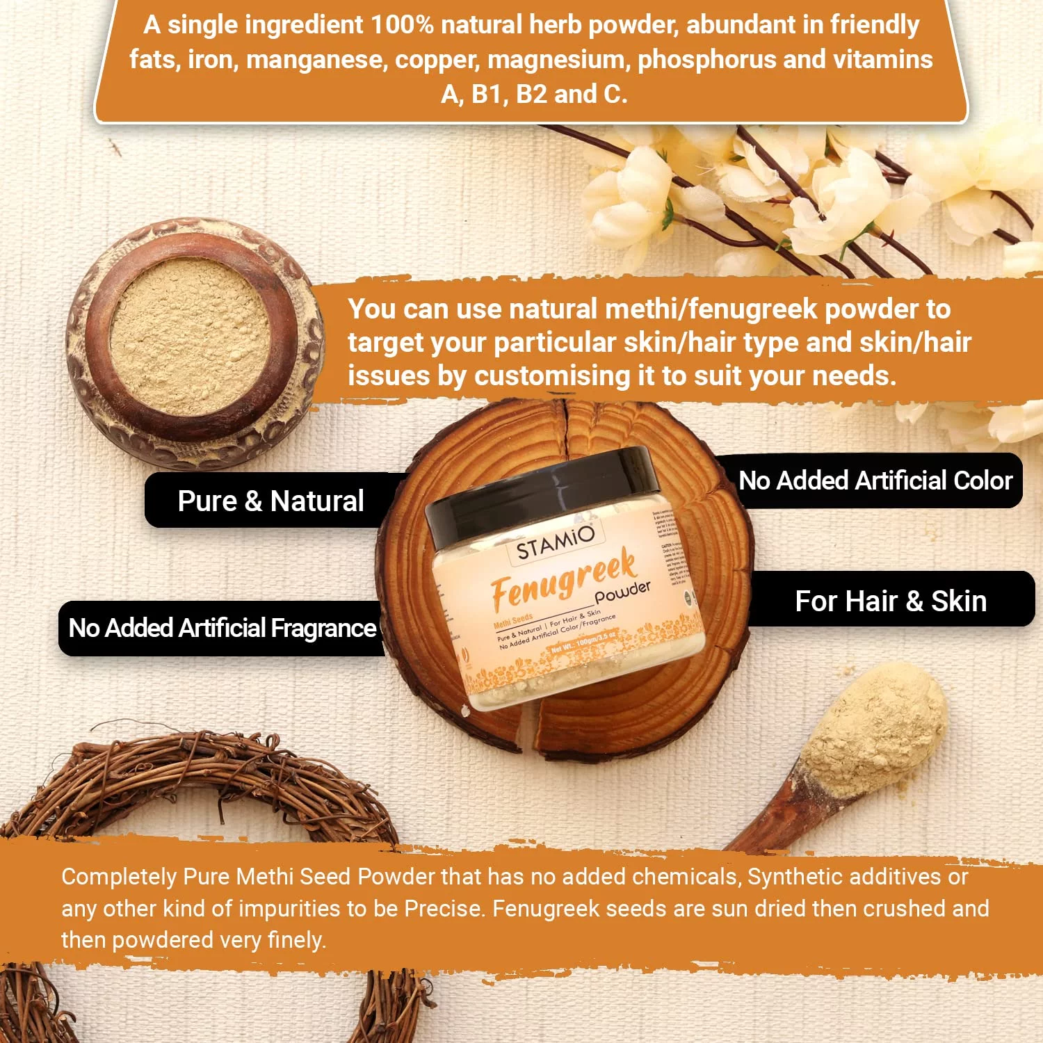 STAMIO Fenugreek Powder for Hair Pack, Face, Skin Care, Mask, DIY | Pure Natural Methi Dana/Seeds | Suitable For All Skin Types Men & Women | In Jar - 100gm