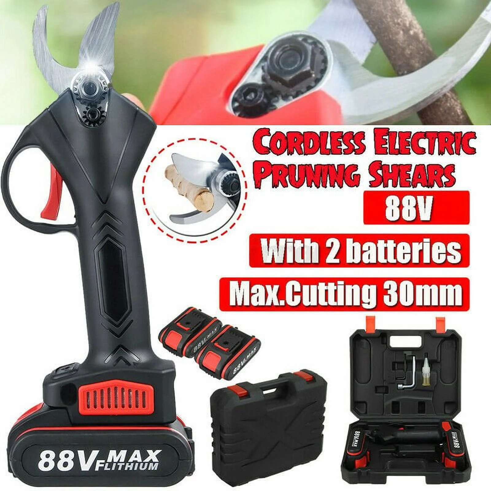 Cordless Rechargeable Electric Pruning Shears Secateur Branch Cutter + 2 Batteries
