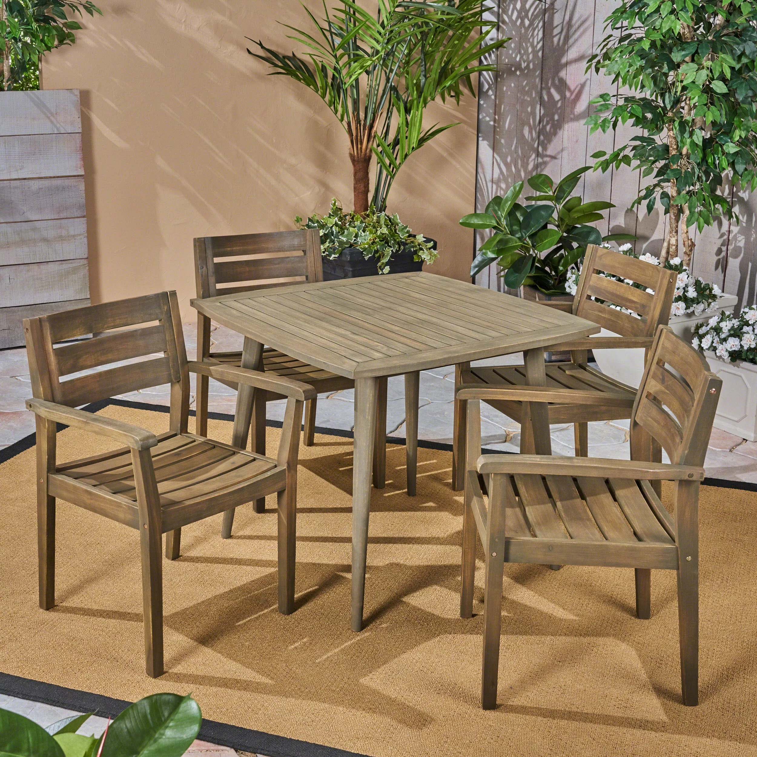 Jaxson Outdoor 5 Piece Acacia Wood Square Dining Set, Gray