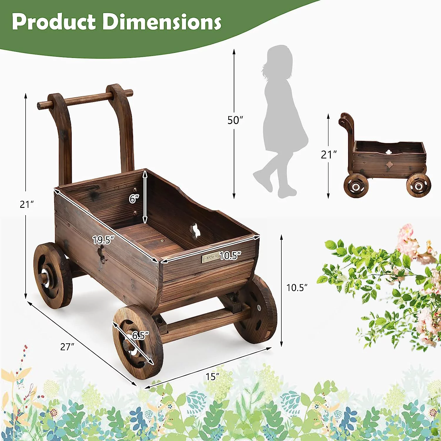 Wooden Wagon Planter Raised Bed on Wheels, Handle, Drainage Hole, Decorative Wagon Cart, Rustic Flowerpot Planter, Mobile Plant Pot Stand, Indoor & Outdoor Patio Garden Balcony