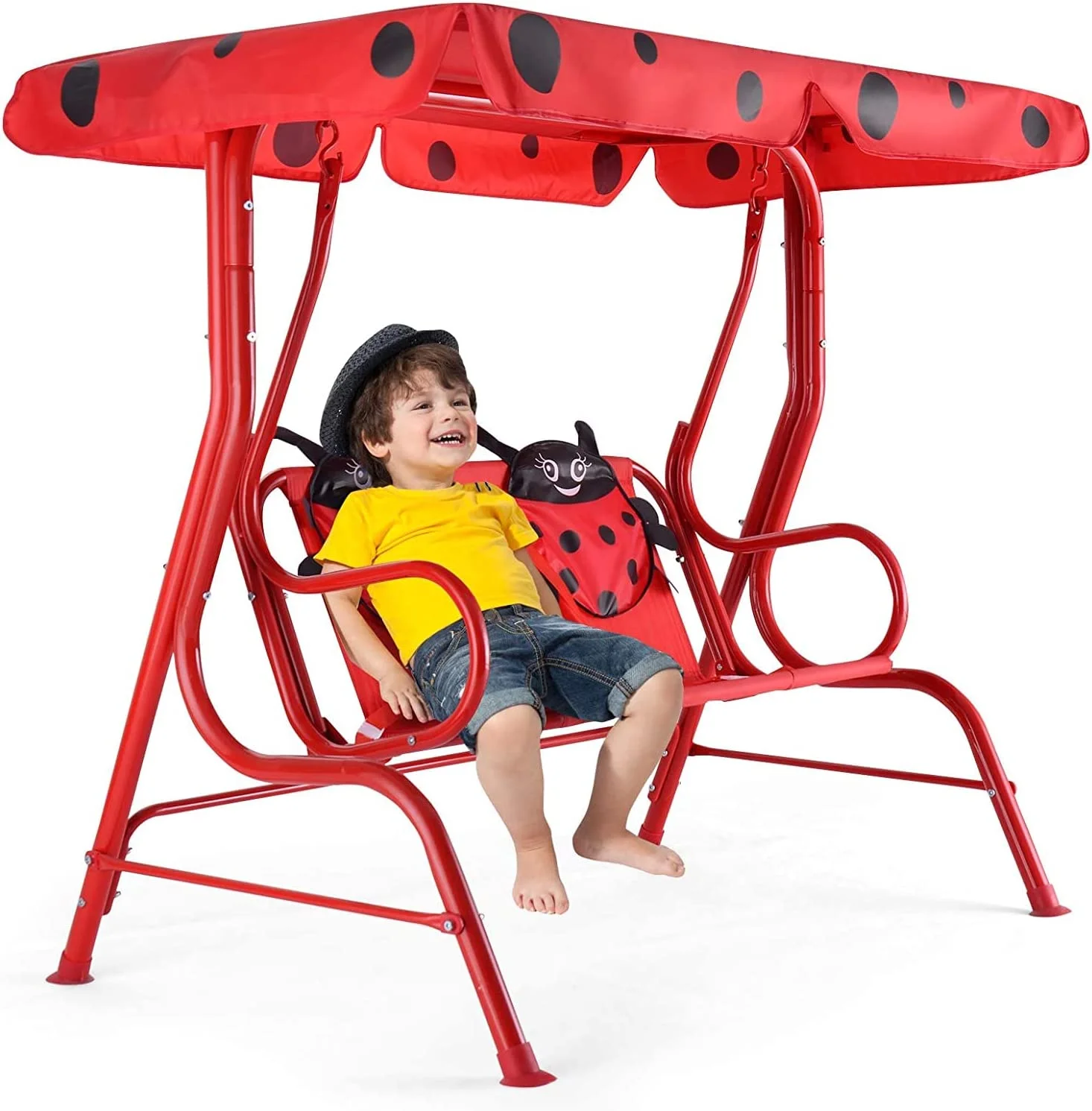 Kids Patio Swing, 2-Seater Outdoor Porch Swing Lounge Chair W/Canopy & Safety Belt, All Weather Resistant Waterproof Hanging Swing Bench for Patio Garden Poolside Balcony(Red Beetle)