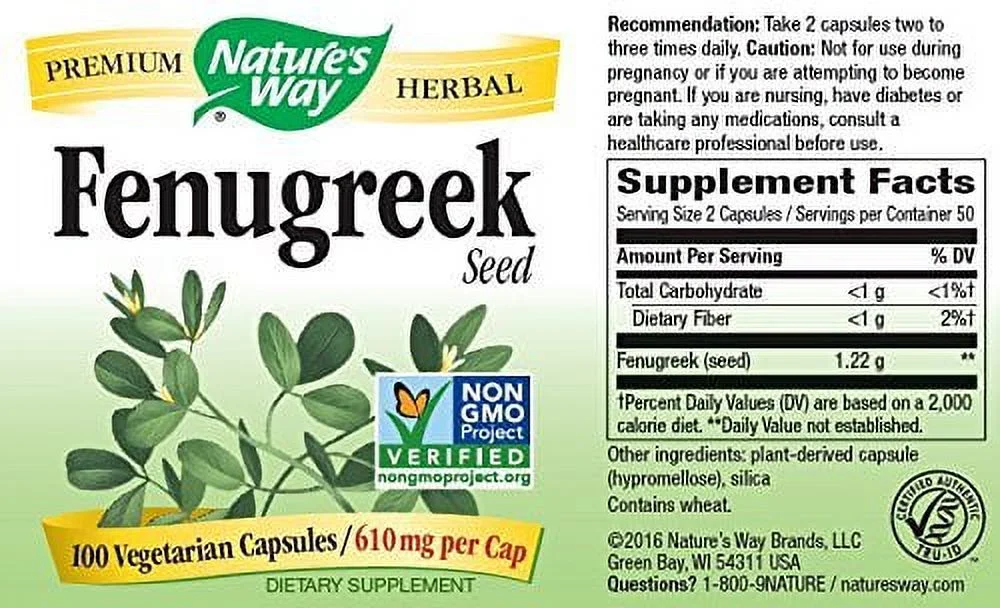 Nature's Way Premium Herbal Fenugreek Seed 610 mg per Vegetarian capsule, 100 Count