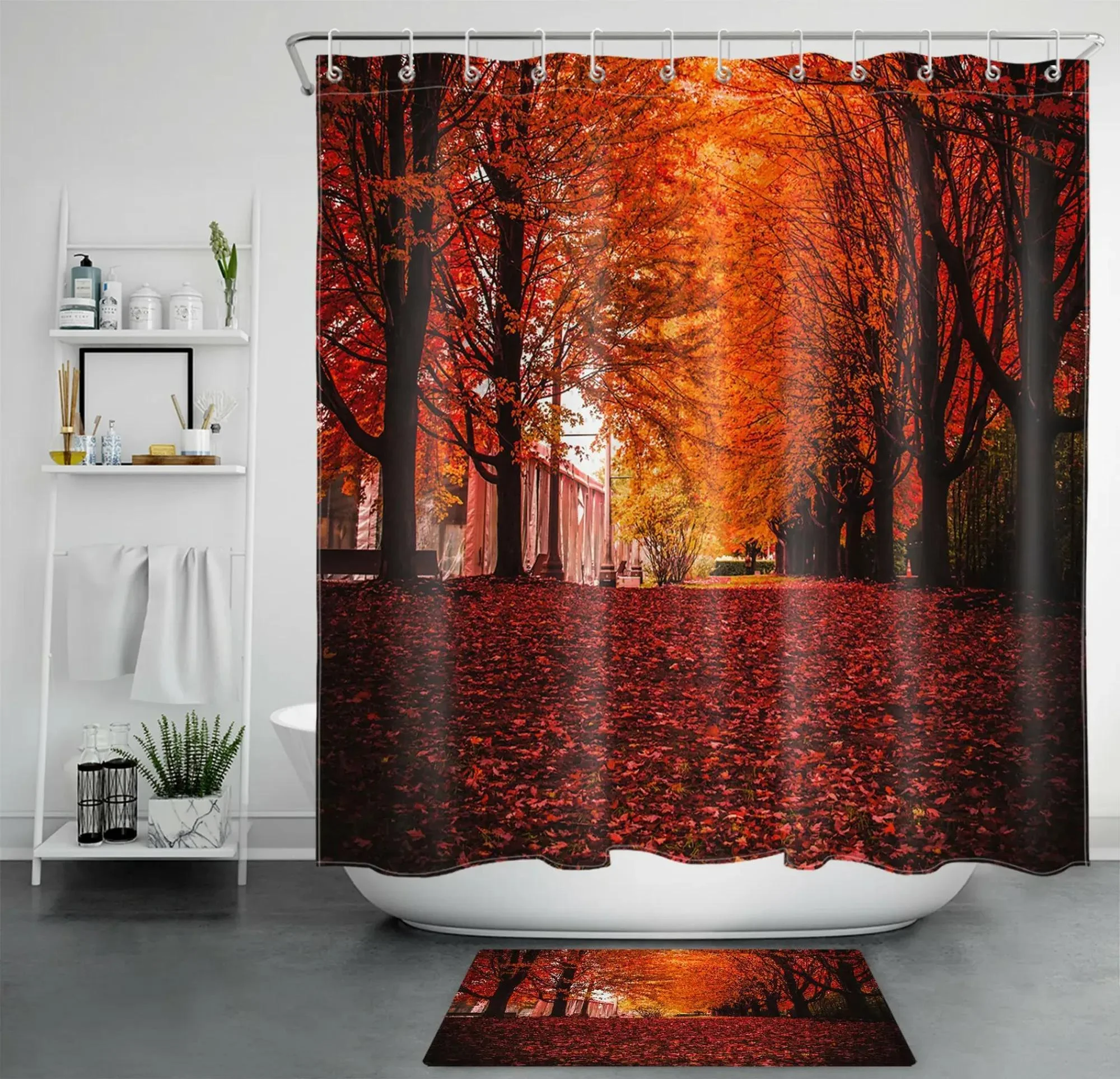 INPERCUST Autumn Woods Crimson Maple Leaf Landscape Shower Curtain for Bathroom Decoration