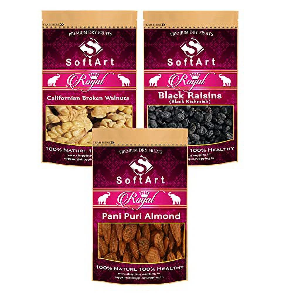 Soft Art Dry Fruits Combo Of Royal Broken Walnuts,Black Kishmish,Pani Puri Almond (100G Each)